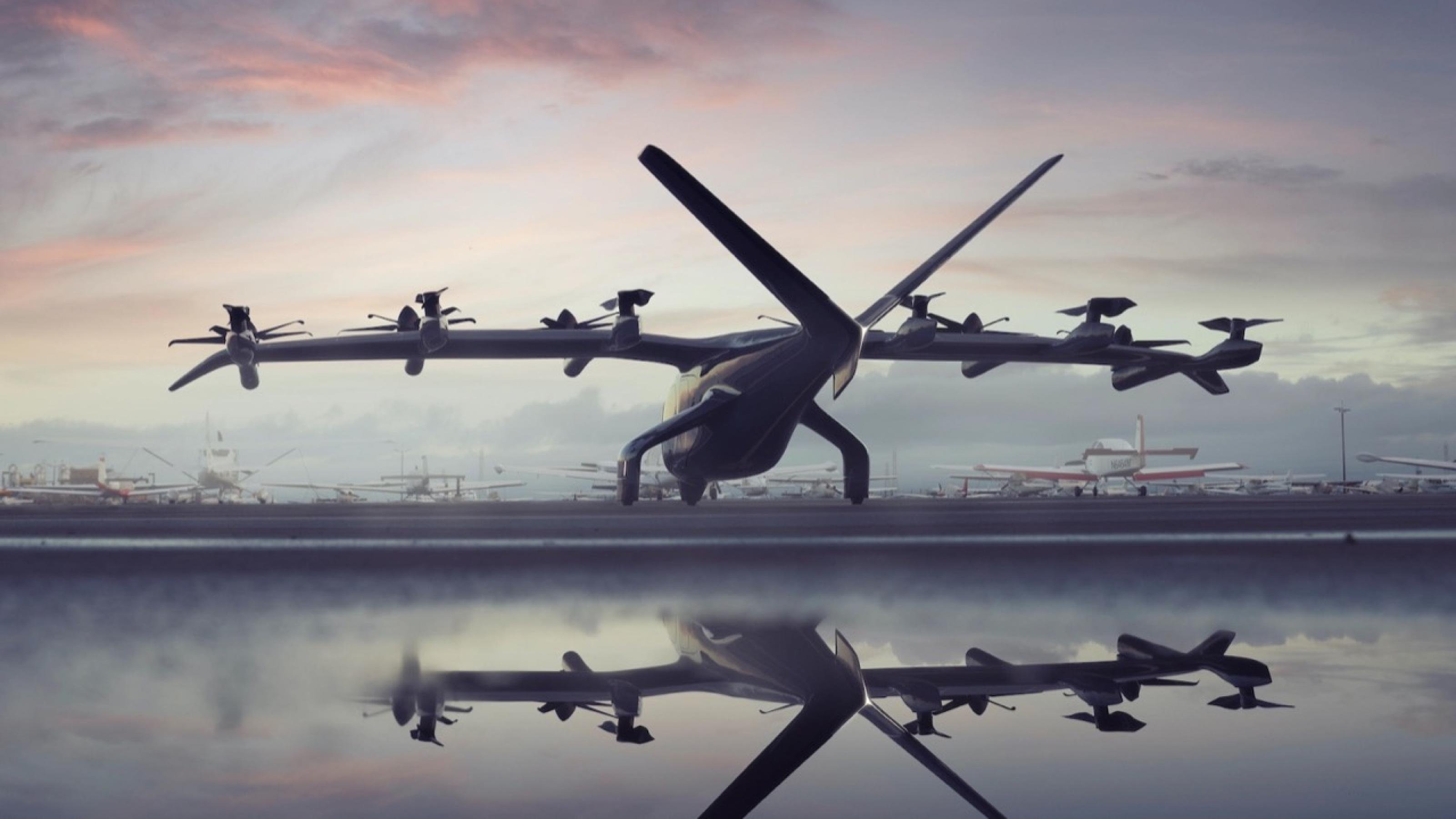 Flugtaxis, eine Mischung aus Drohne, Hubschrauber, und Privatjet stehen startbereit vor einem Abendhimmel.