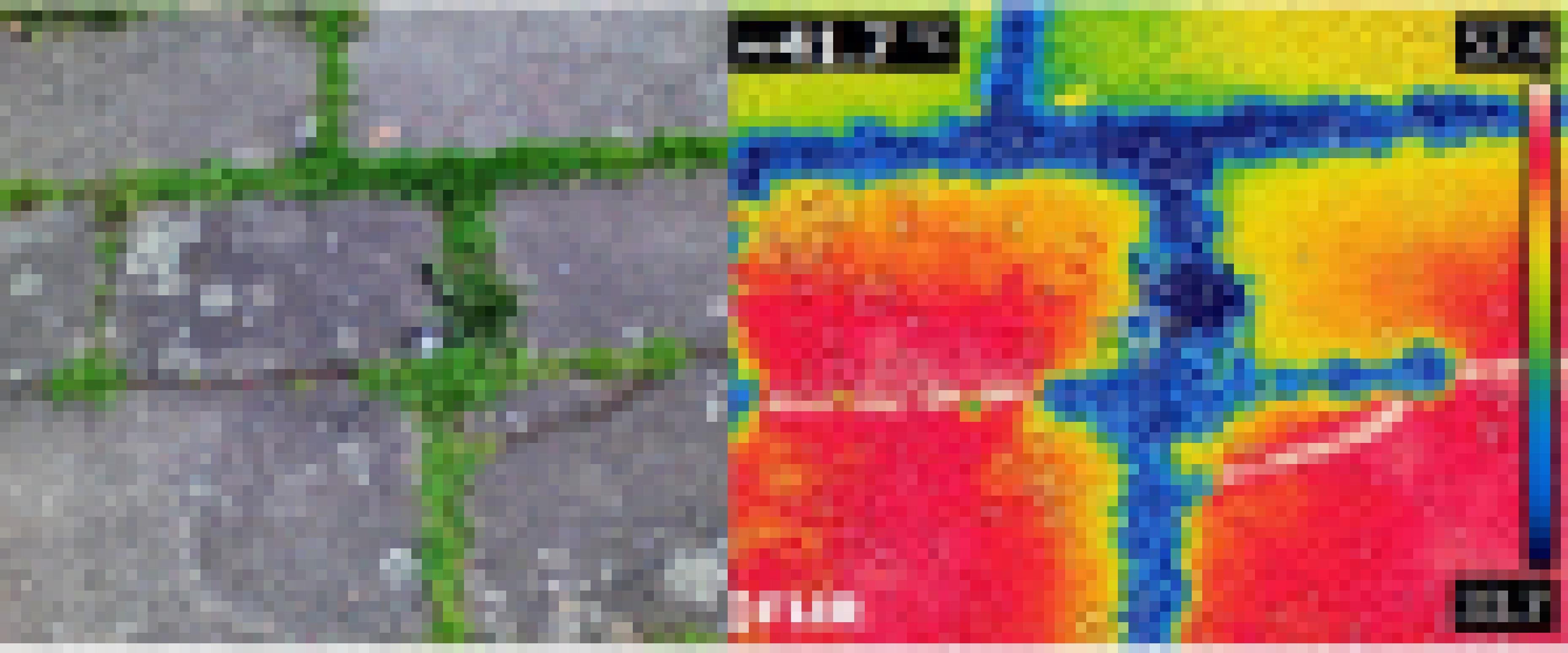 Das Bild zeigt einen Vergleich zwischen einer Fotografie von Bodenplatten und daneben die Aufnahme mit einer Thermokamera, die den kühlenden Effekt der Kräuter beweist