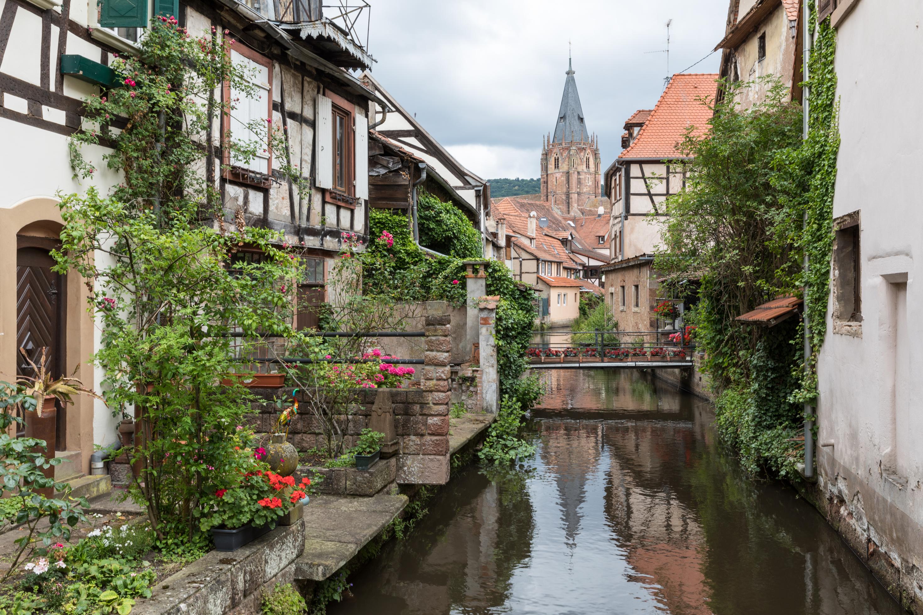 Man sieht einen Kanal und mehrere alte Fachwerkhäuser in der Stadt Wissembourg.