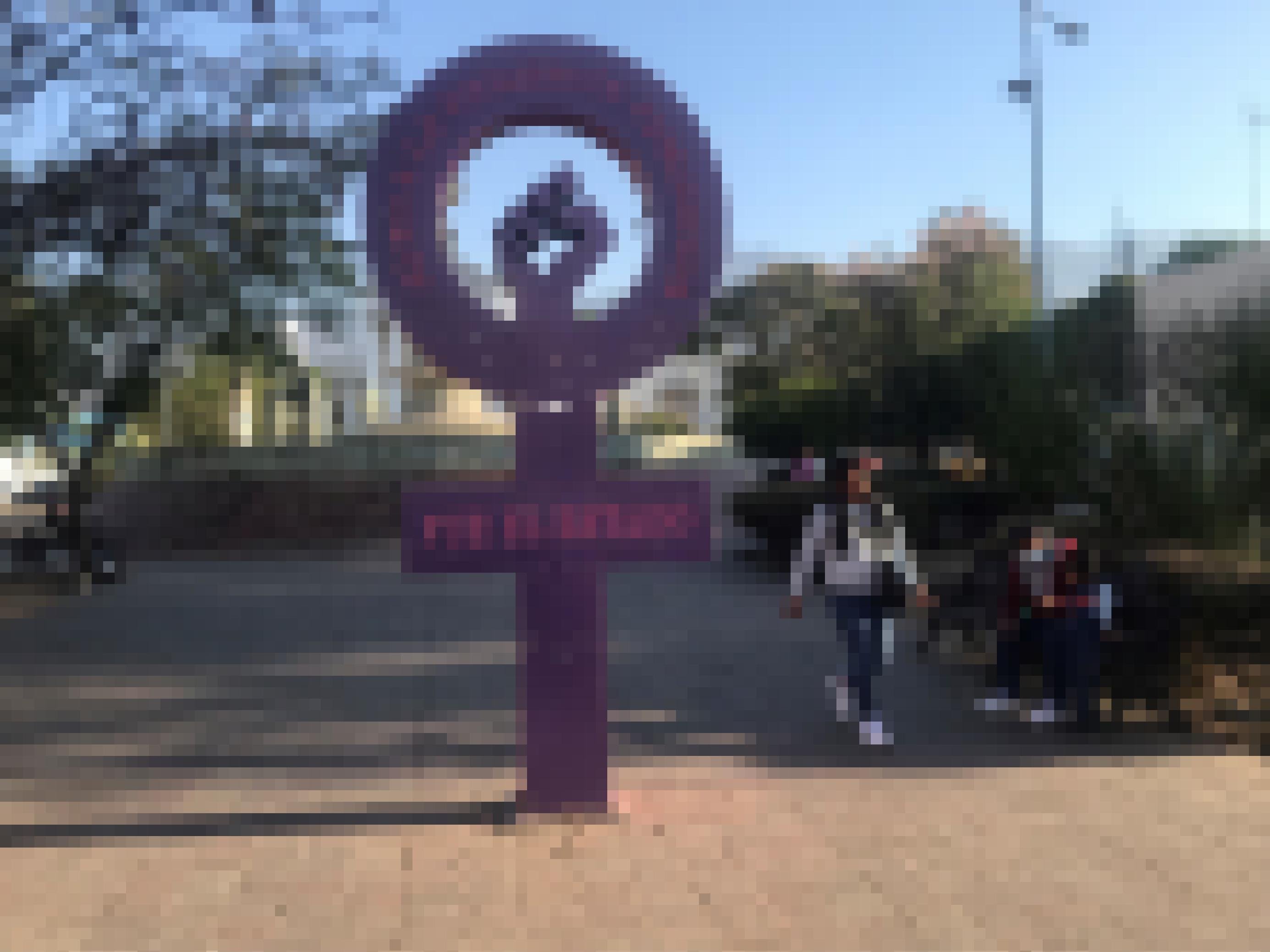 Zu sehen ist eine überlebensgroße, violette Skulptur in Form eines Frauenzeichens im mexikanischen Oaxaca. Auf dem Querbalken des Kreuzes steht auf spanisch „Es war der Staat“. Das Mahnmal erinnert an ermordete Frauen.