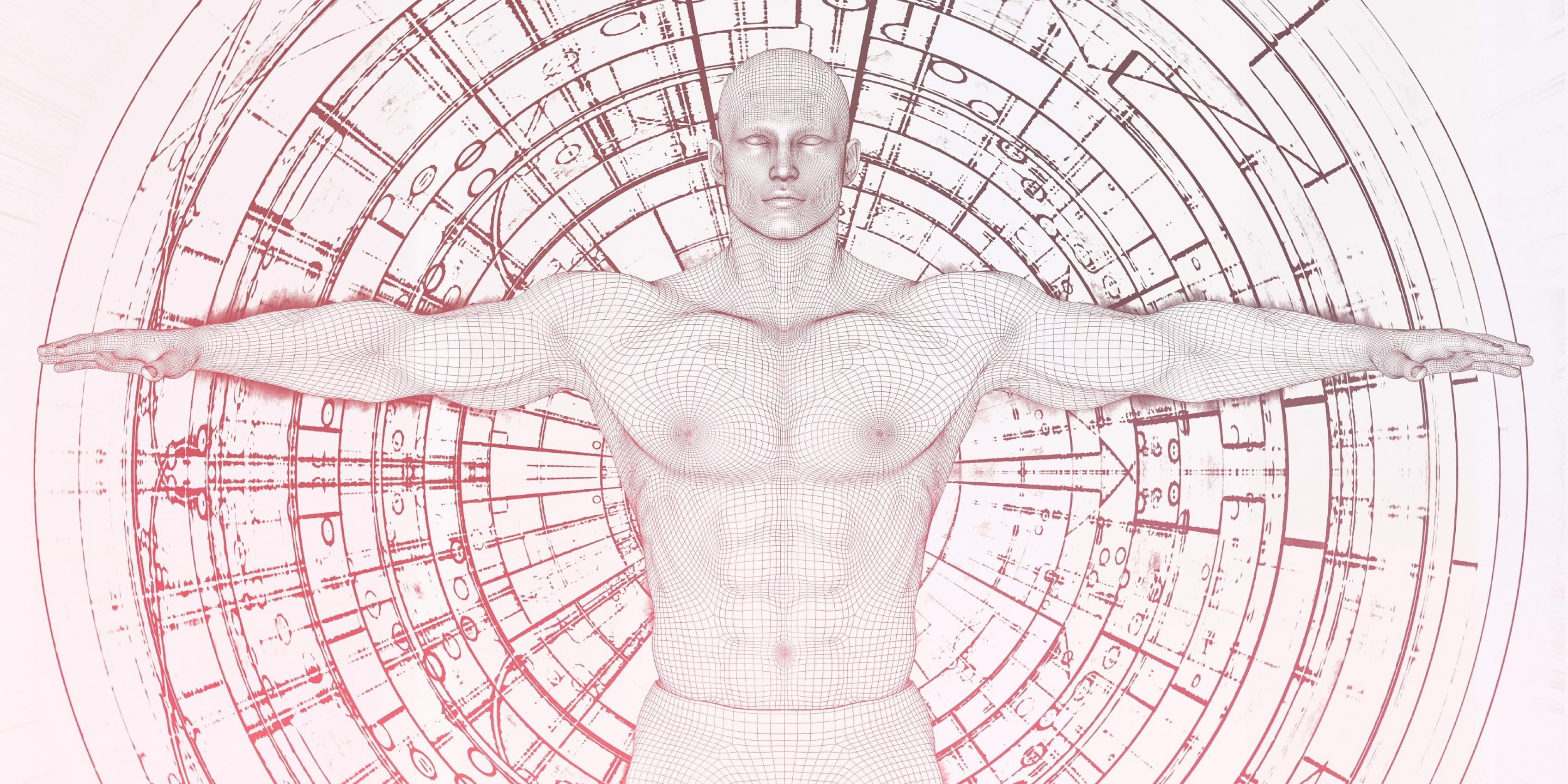 Eine futuristische Grafik zeigt einen Mann mit ausgestreckten Armen vor einem Hintergrund voller kreisförmig angeordneter technischer Zeichnungen.