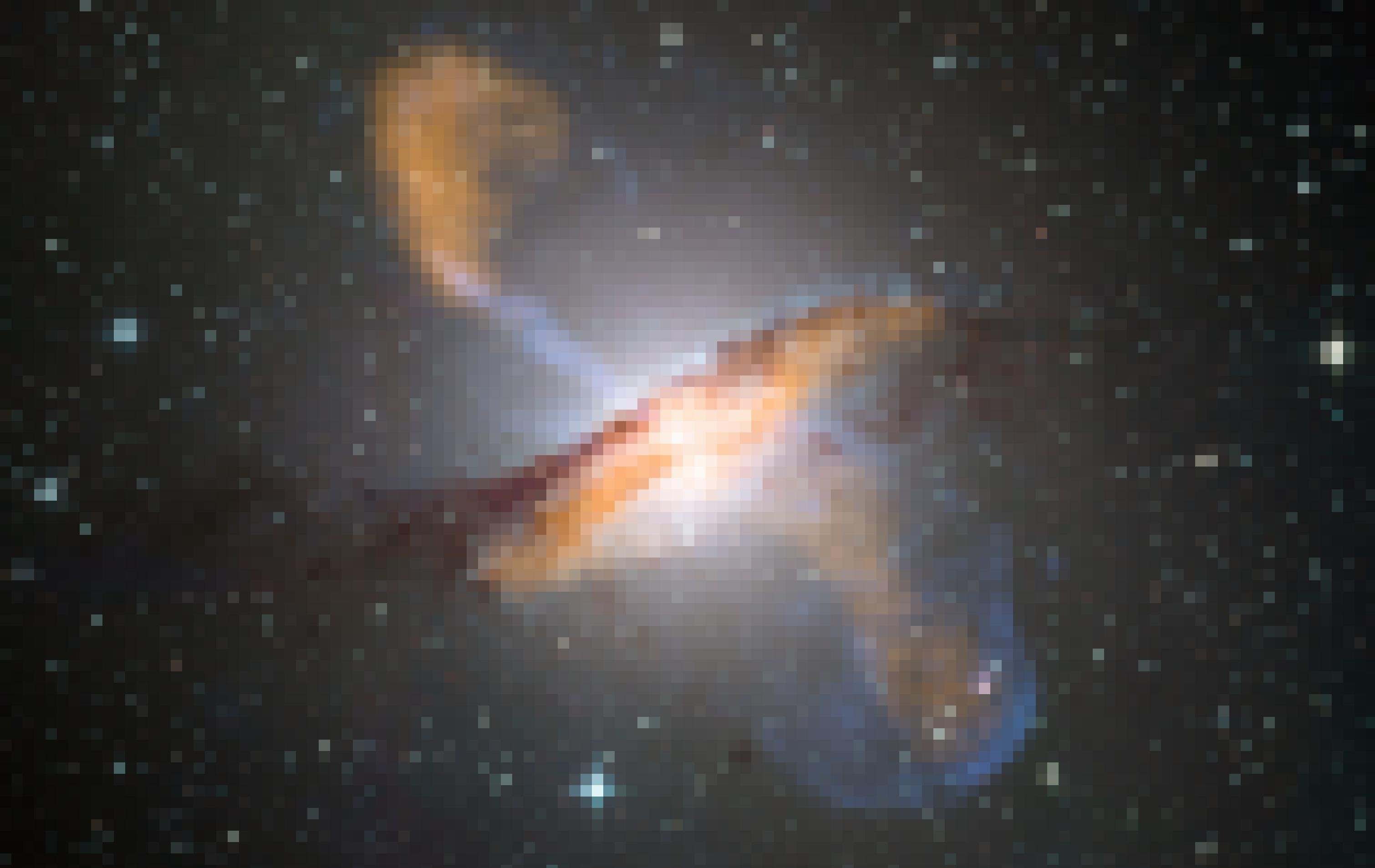Das Bild zeigt die Galaxie Centaurus A schräg von der Seite. Aus ihrem Zentrum schießen zwei keulenartig geformte Materie-Jets – einer nach oben links, der andere nach unten rechts – weit ins All hinaus. Zusammen sind sie länger sind als das Sternsystem selbst breit ist. Die Jets werden von einem massereichen Schwarzen Loch angetrieben, das sich im Zentrum der Galaxie befindet. Unsere eigene Milchstraße enthält ebenfalls ein zentrales Schwarzes Loch in seiner Mitte. Und wahrscheinlich hat es in frühen Zeiten ebenfalls ähnliche Gas-Jets ins All hinausgeschleudert.