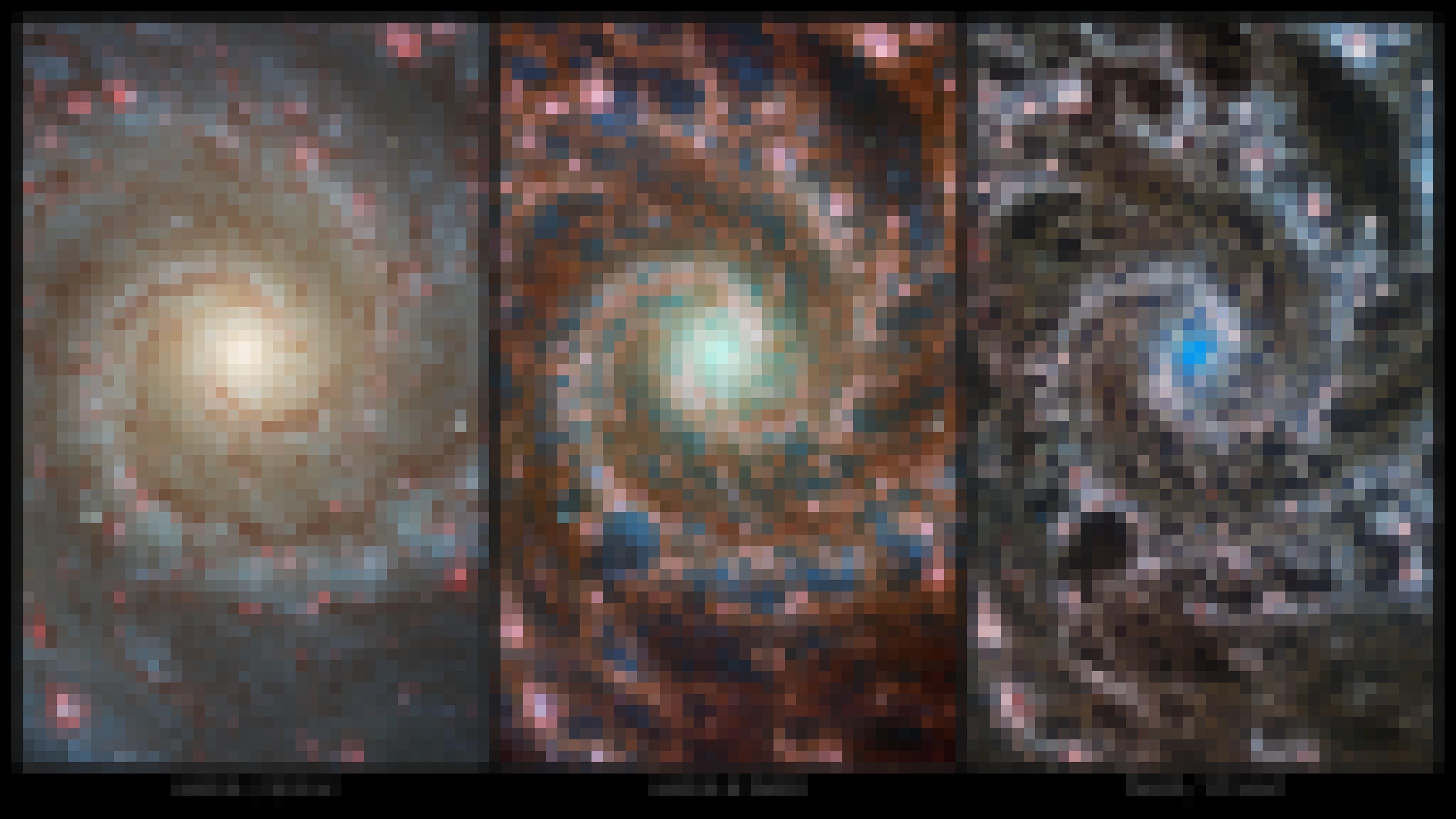 In diesem Bild sind nebeneinander drei spiralartige Abbilder ein und derselben Galaxie M 74 zu sehen. Das linke stammt vom Hubble Space Telesope, das rechte vom James Webb Space Telescope, und das mittlere kombiniert beide Aufnahmen, Die Aufnahmen unterscheiden sich in ihrer Feinstruktur.