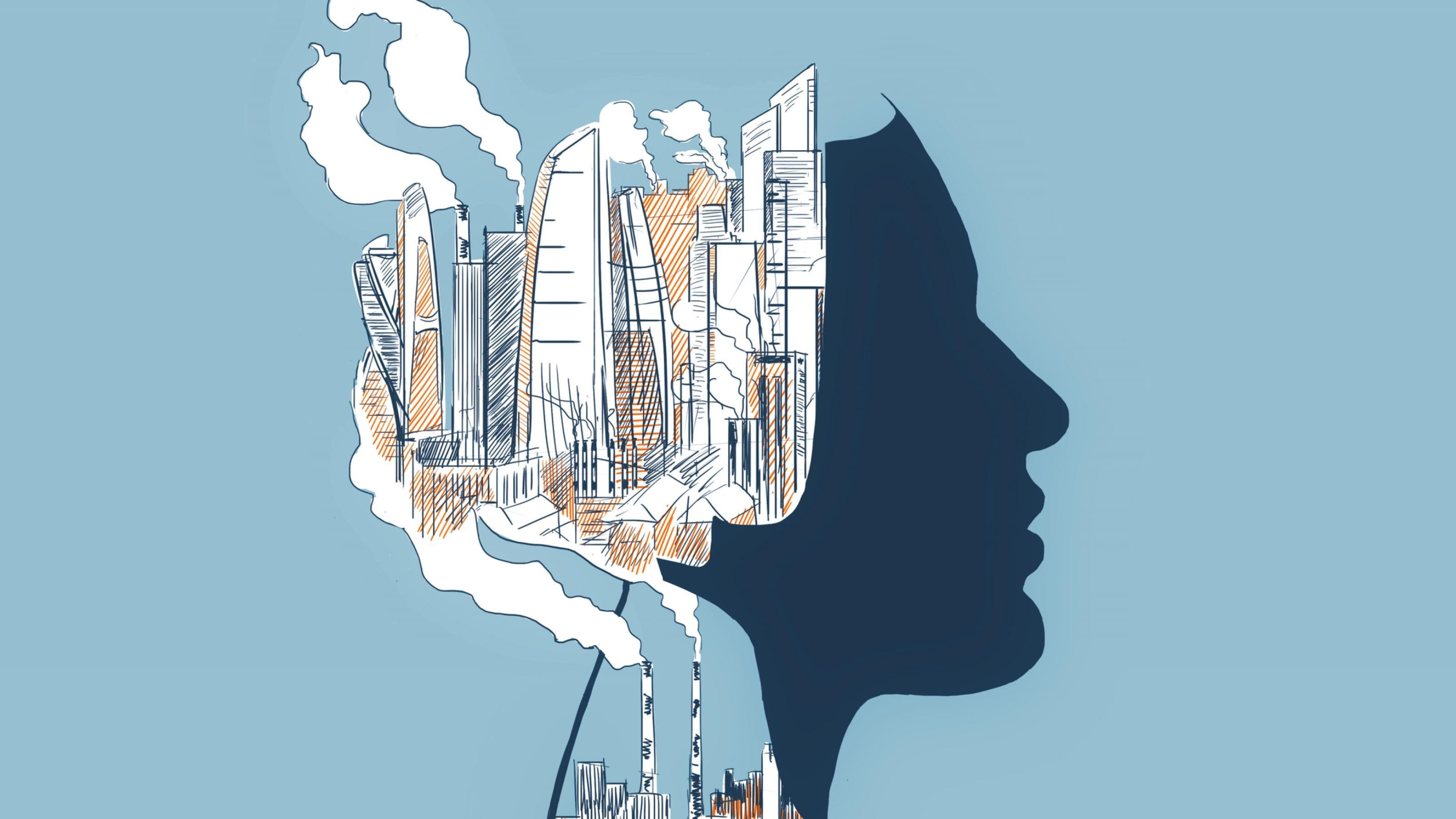 Illustration einer menschlichen Kopf-Silhouette, in der Hochhäuser und Fabrikschornsteine abgebildet sind. Aus den Schornsteinen steigen Rauchwolken auf, die aus dem Kopf austreten.