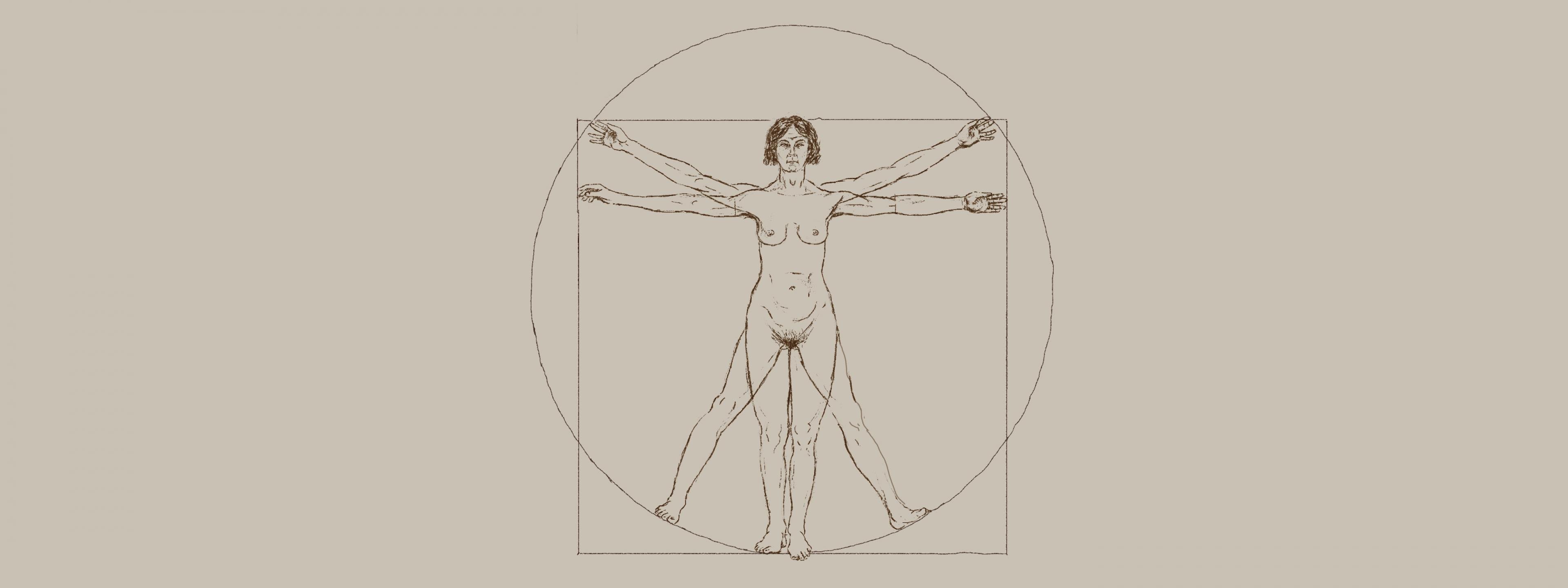 Das Vorschaubild des Magazins zeigt eine weibliche Version von Leonardo Da Vincis berühmter Zeichnung vom „Vitruvianischen Mann“