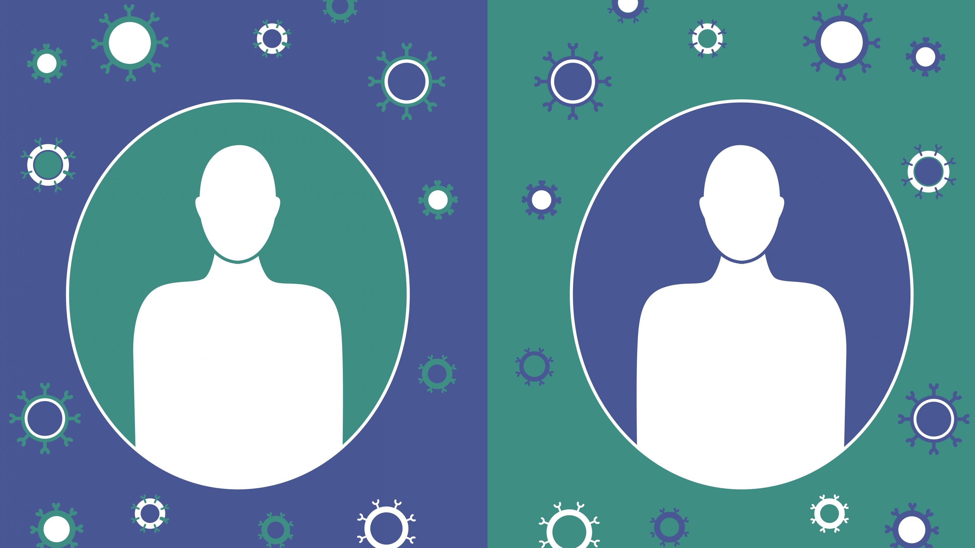 Das Bild ist in eine linke und eine rechte Hälfte geteilt. Links ist eine Zeichnung einer menschlichen Silhouette in einem türkisen Kreis zu sehen, um den herum stilisierte Krankheitserreger auf blauem Hintergrund  schweben. Rechts ist nochmal die gleiche Zeichnung mit vertauschten Farben zu sehen.