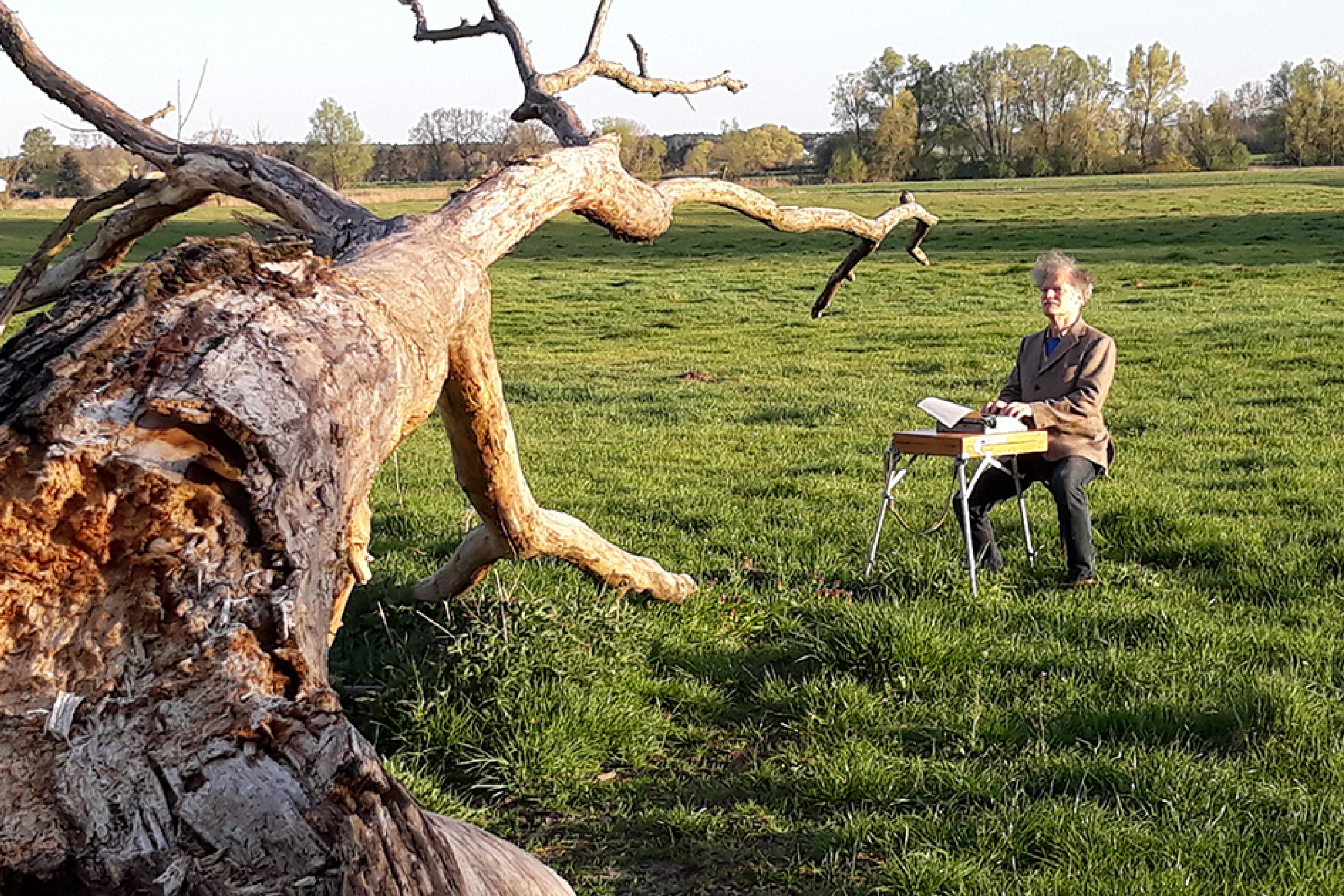 Gerhard Richter sitzt an seinem Klappschreibtisch neben einem umgestürzten toten Baum.