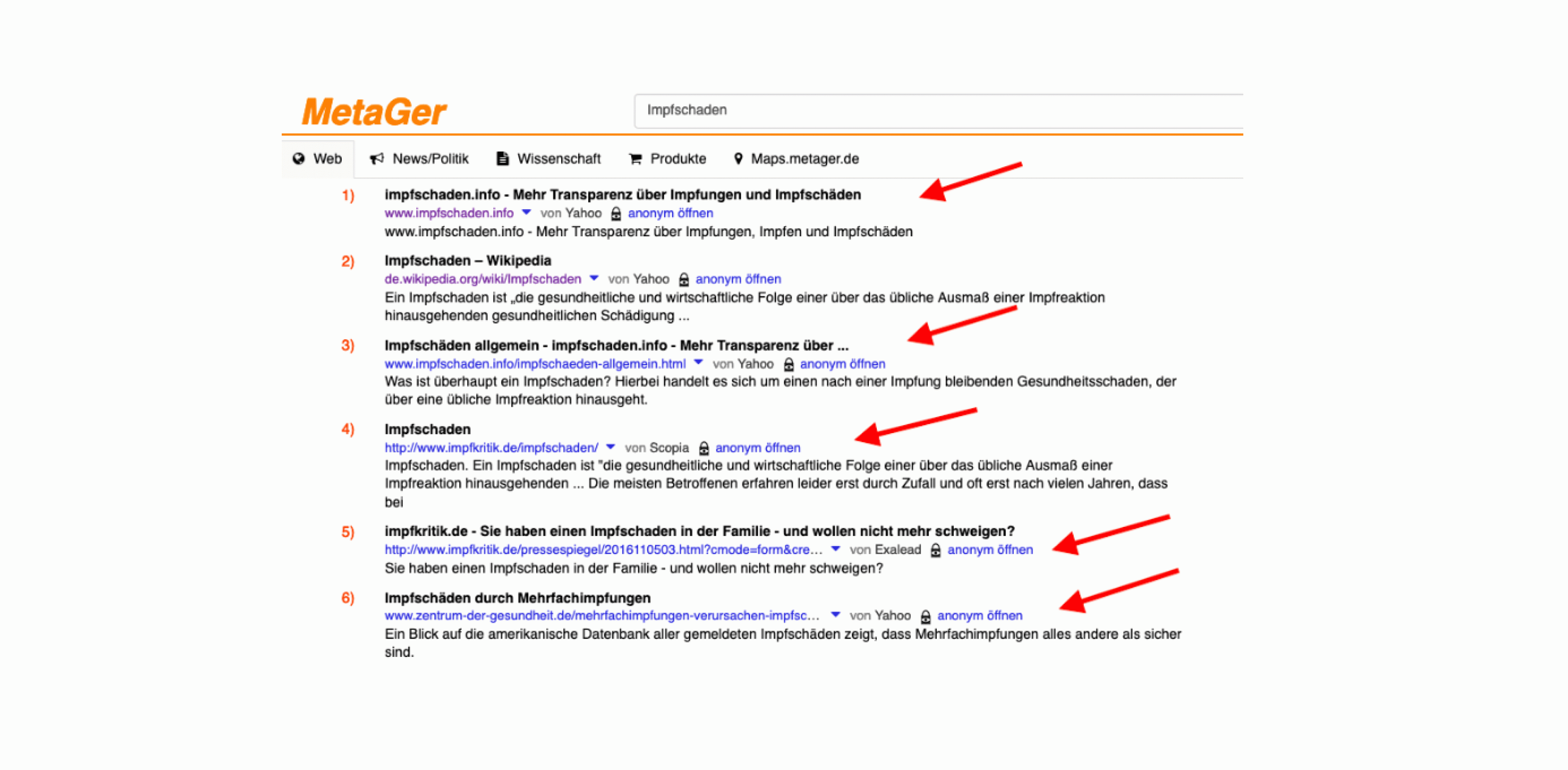 Screenshot der Suchergebnisse für den Begriff „Impfschaden“ bei der Meta-Suchmaschine MetaGer. Zu sehen ist die Ergebnisliste.