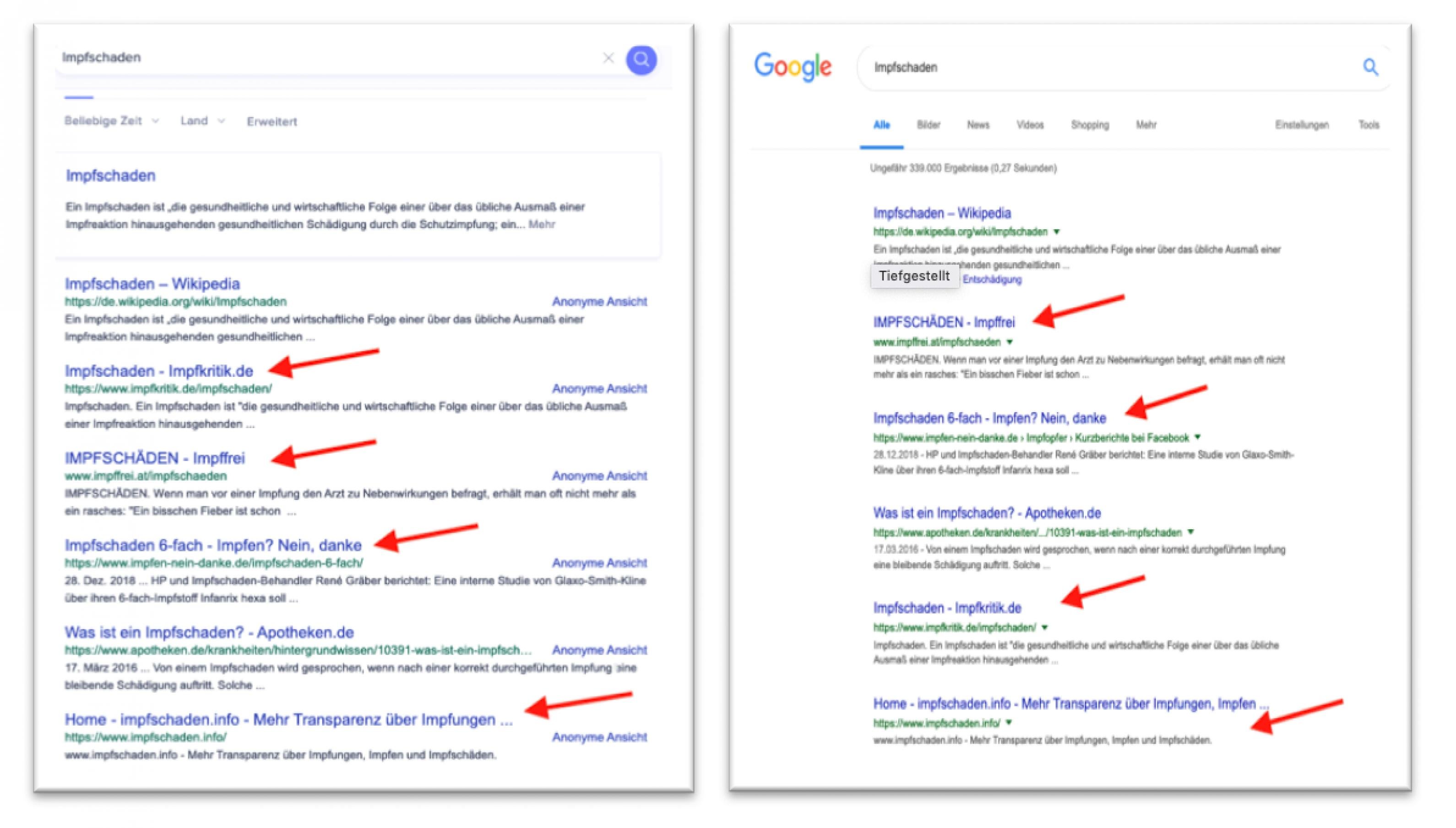 Screenshot der Suchergebnisse zum Suchbegriff „Impfschaden“. Vergleich der Ergebnisse bei Startpage und Google. Zu sehen sind die Ergebnislisten