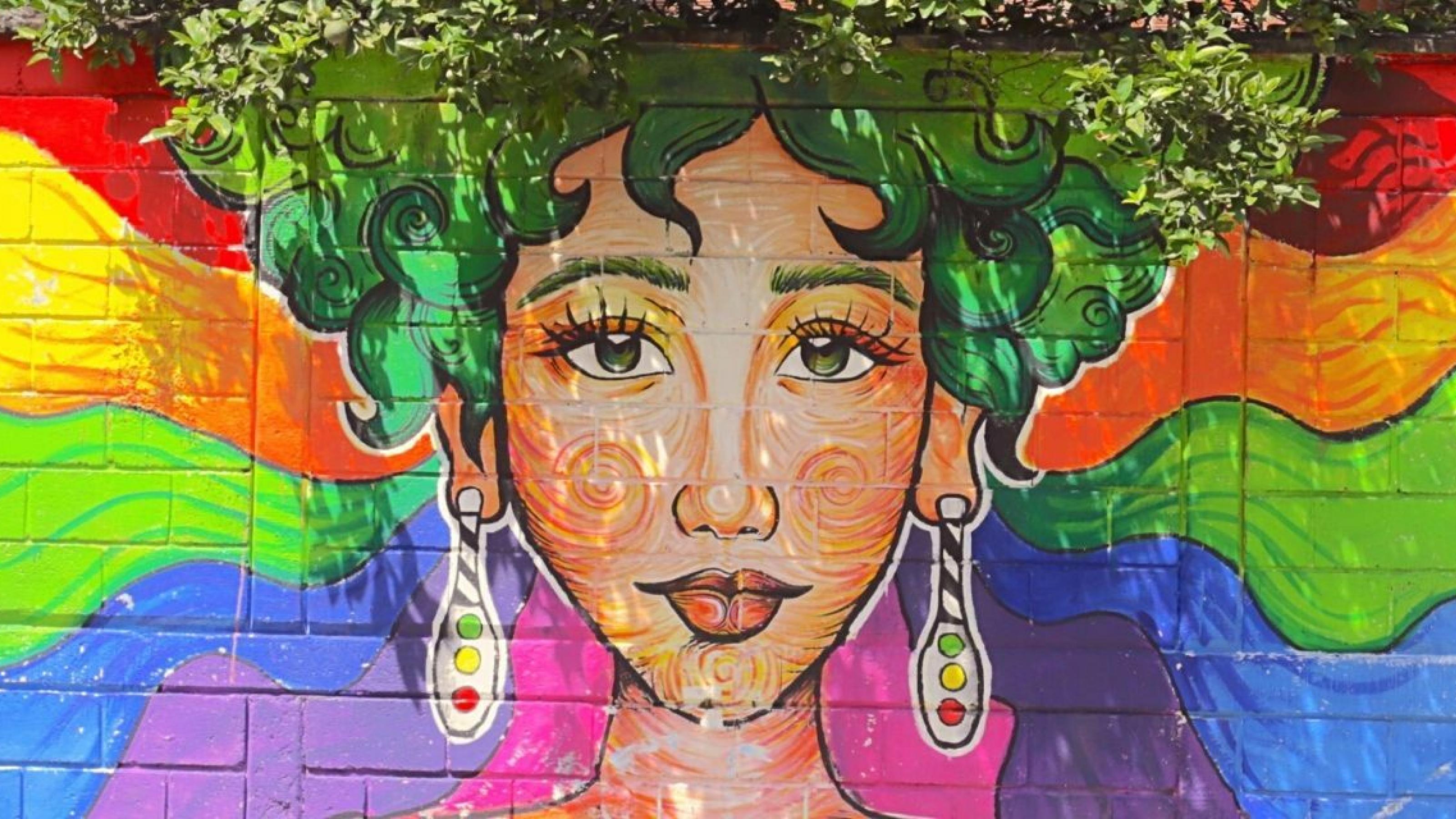 Das Foto zeigt eine Mauer mit einem gemalten Frauenkopf. Die Frau hat grüne Haare. Wo die Haare der Frau auf der Mauer enden, gehen sie in die Krone eines Baumes über, der hinter der Mauer steht. Die Frau sieht aus, als ob sie einen riesigen grünen Baum-Afro trüge.