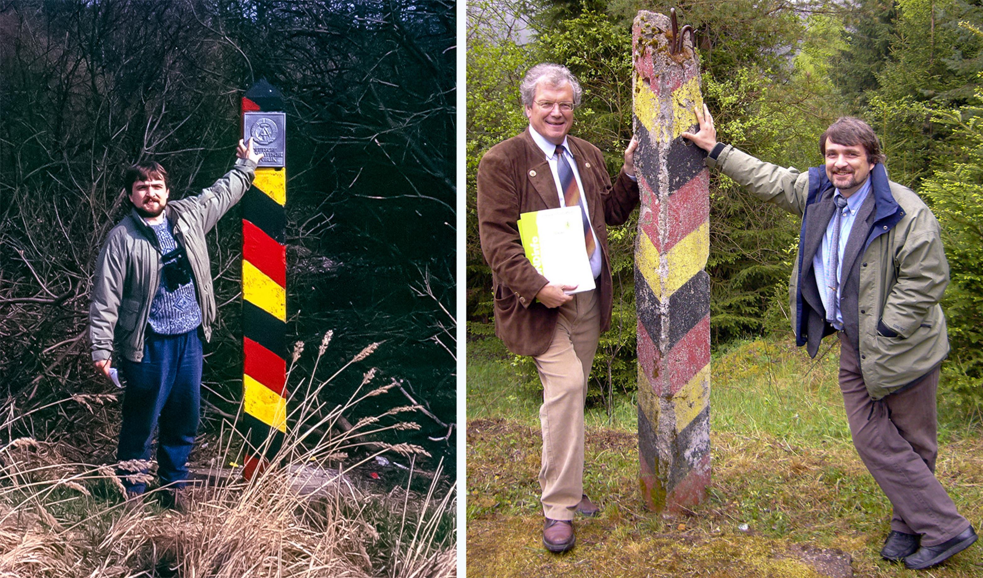 Links Dr. Kai Frobel im März 1990 bei einer Pressefahrt in der Gegend um Mitwitz in Oberfranken. Auf dem rechten Bild ist er 2017 mit einem anderen Wegbereiter des „Grünen Bandes“ zu sehen, Hubert Weiger..