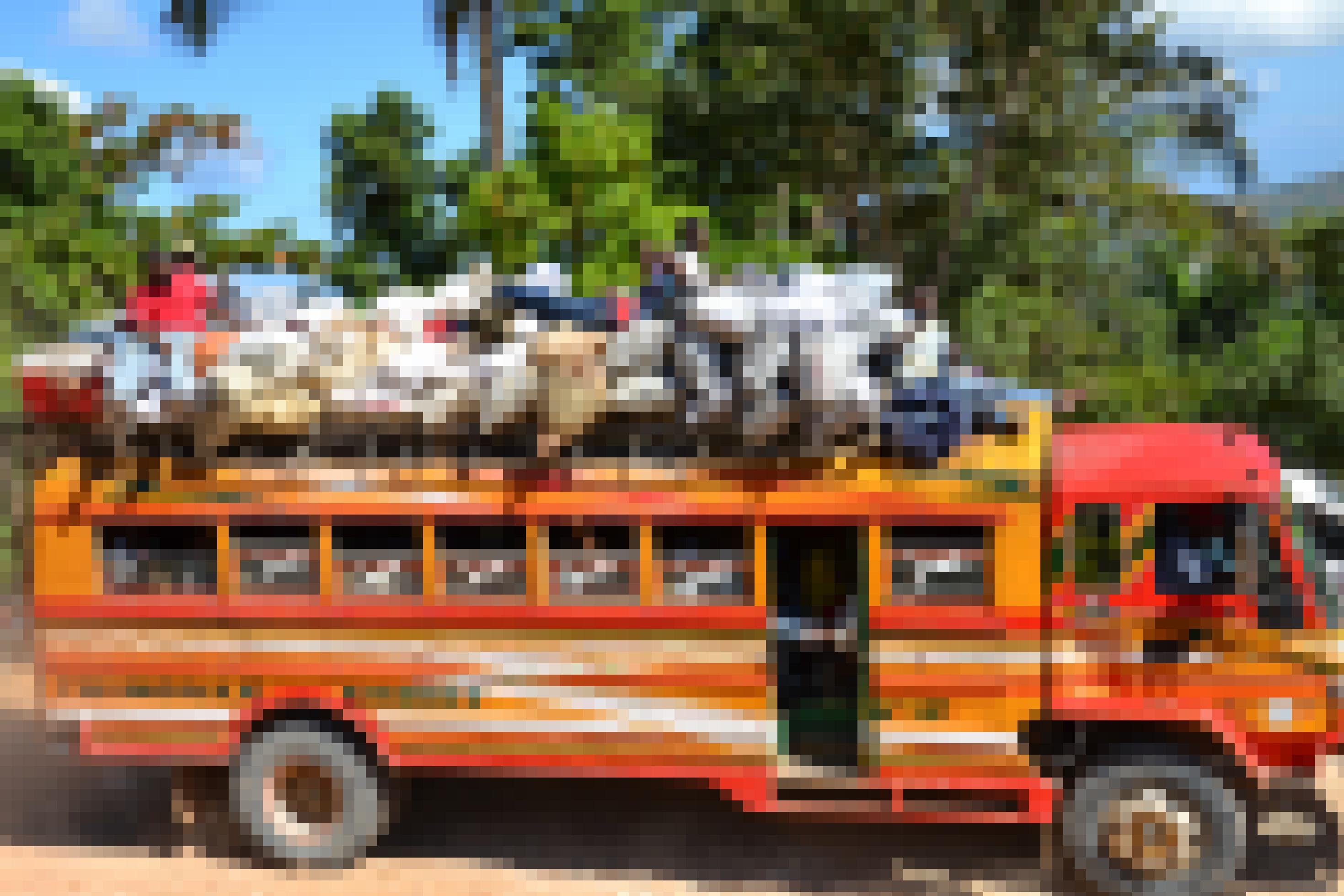 Ein rotgelb bemalter alter Schulbus, vollbesetzt und auf dem Dach beladen mit Säcken fährt durch die grünen Berge im Hinterland von Haiti.