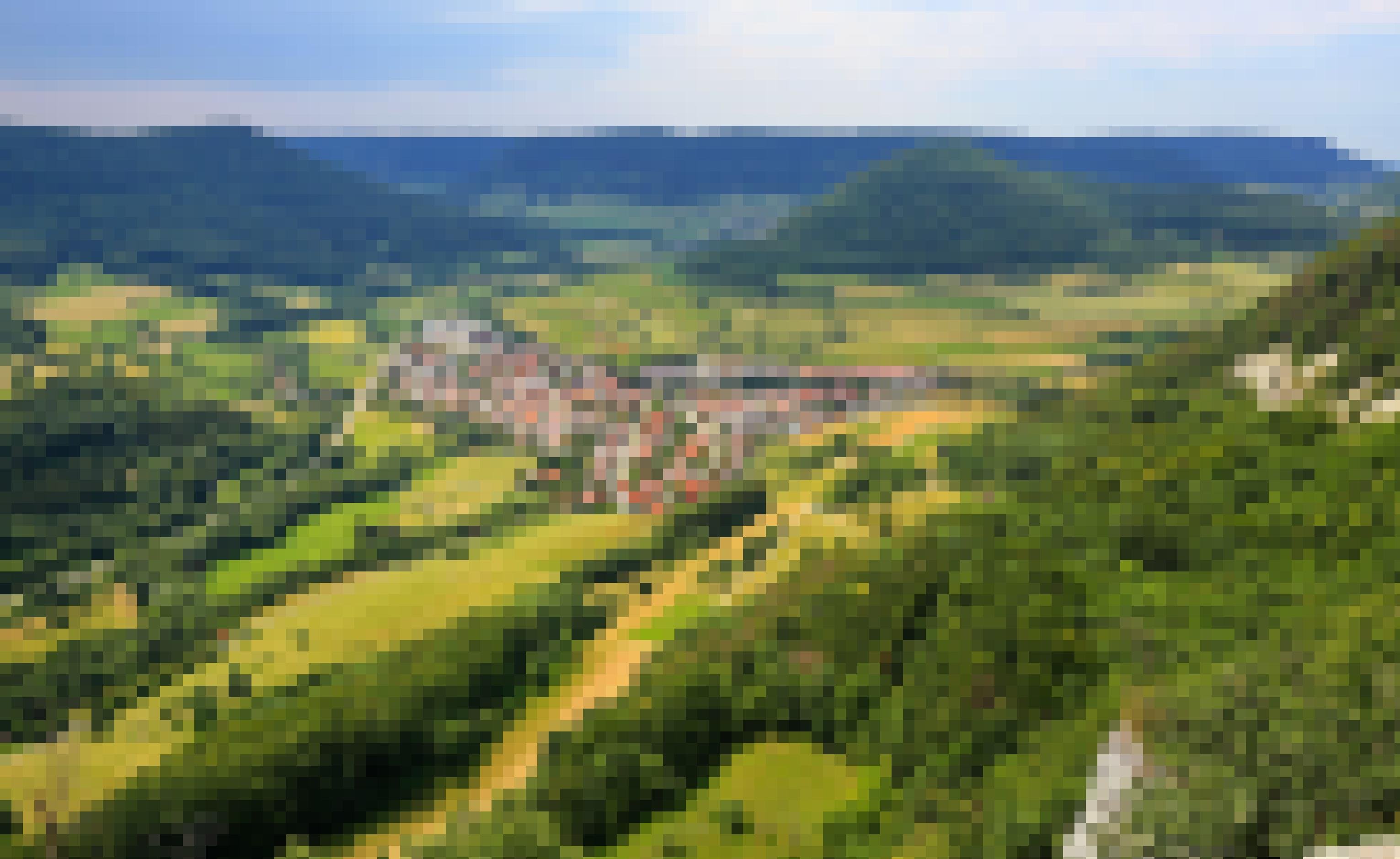 Inmitten leuchtenden Grüns und flankiert von dunklen, bewaldeten Berghängen liegt ein Ort inmitten eines weiten Tales.