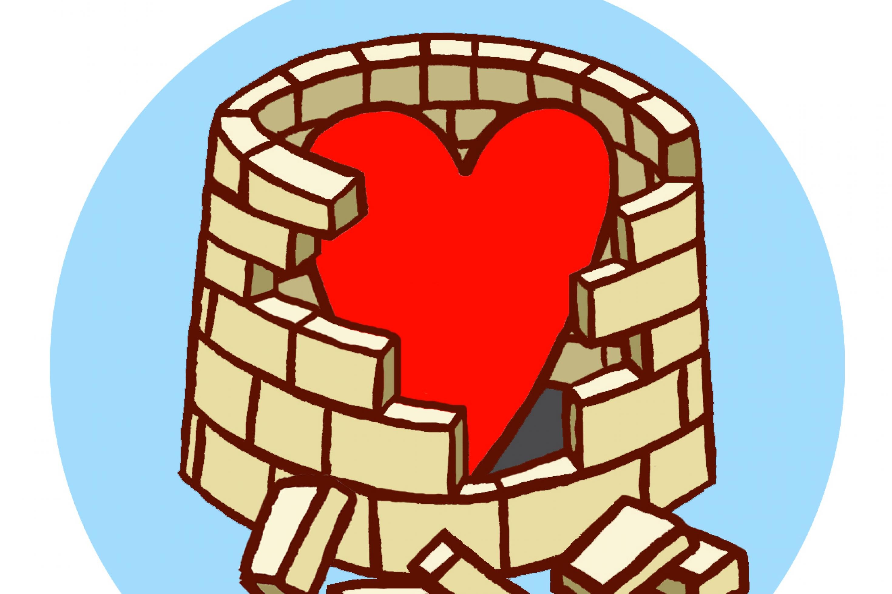 Ein Herz, das von einer Mauer umgeben ist, dessen Steine langsam brökeln