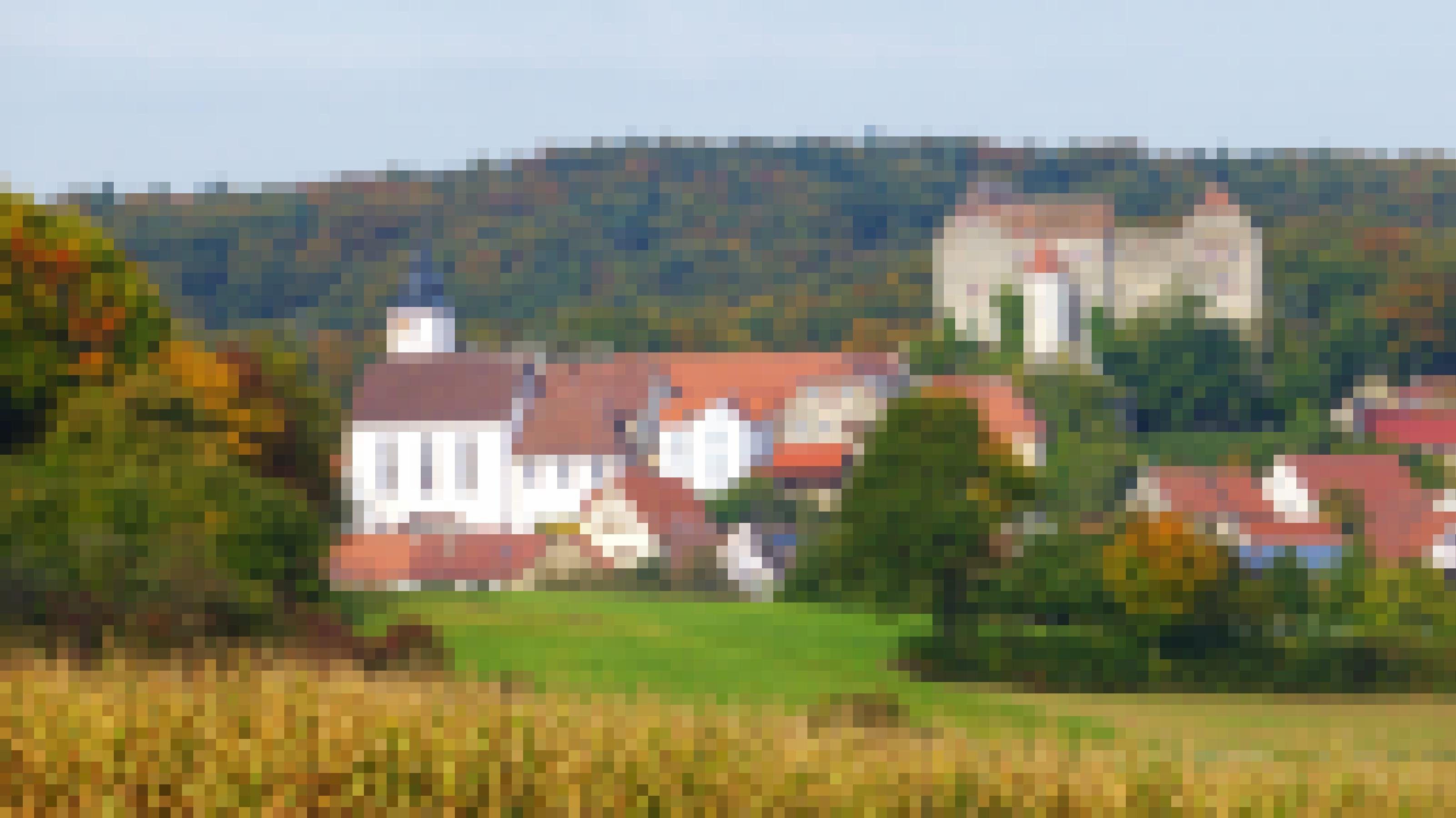 Hinter einem Maisfeld liegt das Dorf mit großer Kirche und Mittelalter-Burg, dahinter wölbt sich üppiger Wald auf einem Hügel