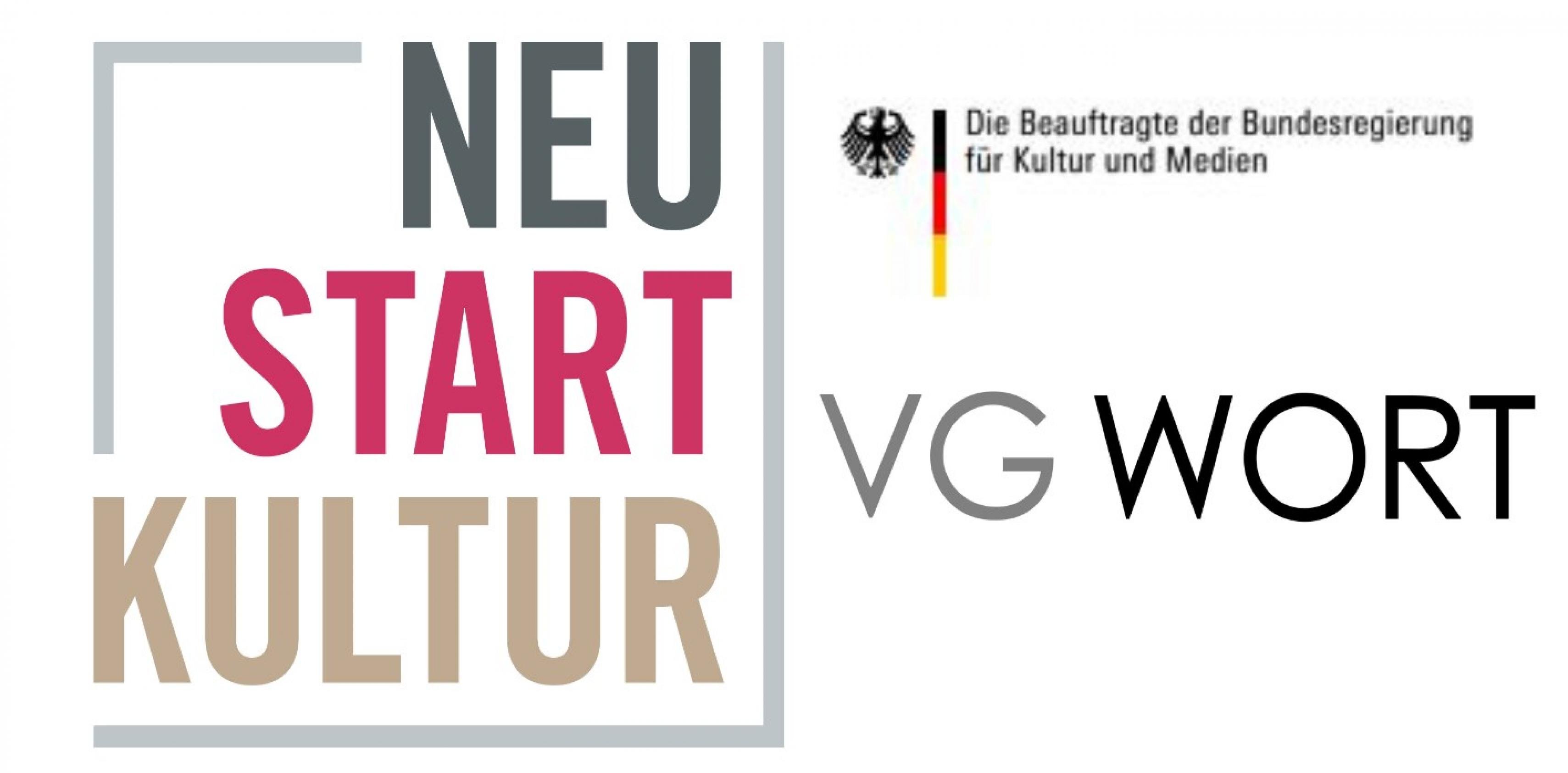 Das Logo des Förderprogramms Neustart Kultur und die Logos der Beauftragten der Bundesregierung für Kultur und Medien und der VG Wort