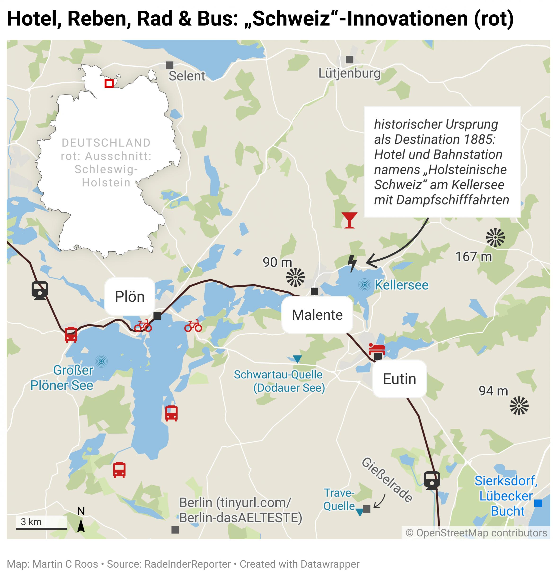 Schematische Übersichtskarte der Holsteinischen Schweiz mit den drei Hauptorten Plön, Malente und Eutin.