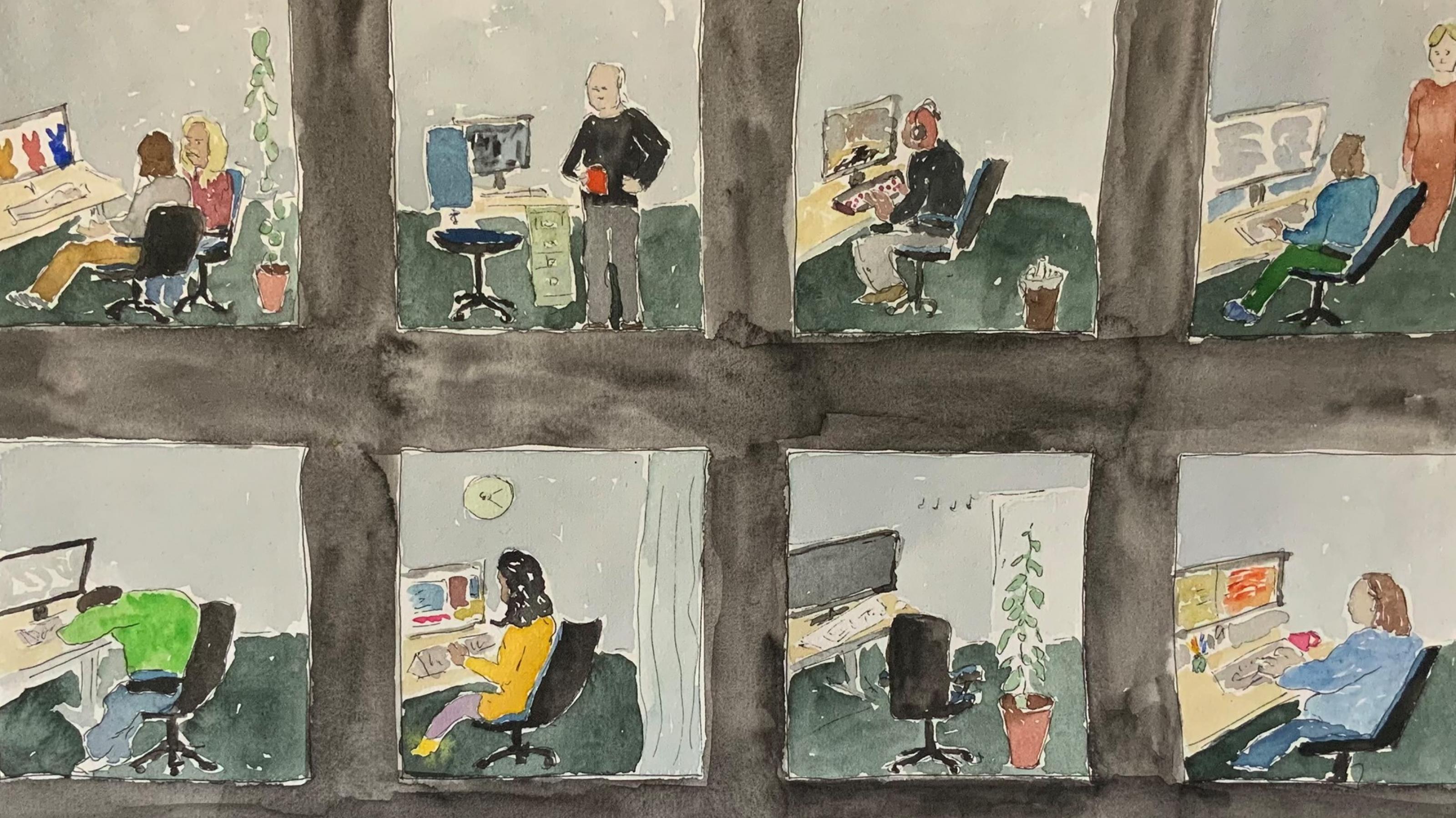 Künstlerische Darstellung eines Hochhauses mit geöffneten Wänden: in jedem Zimmer sitzt ein Mensch im Homeoffice. Kein zwei Szenen sind gleich.