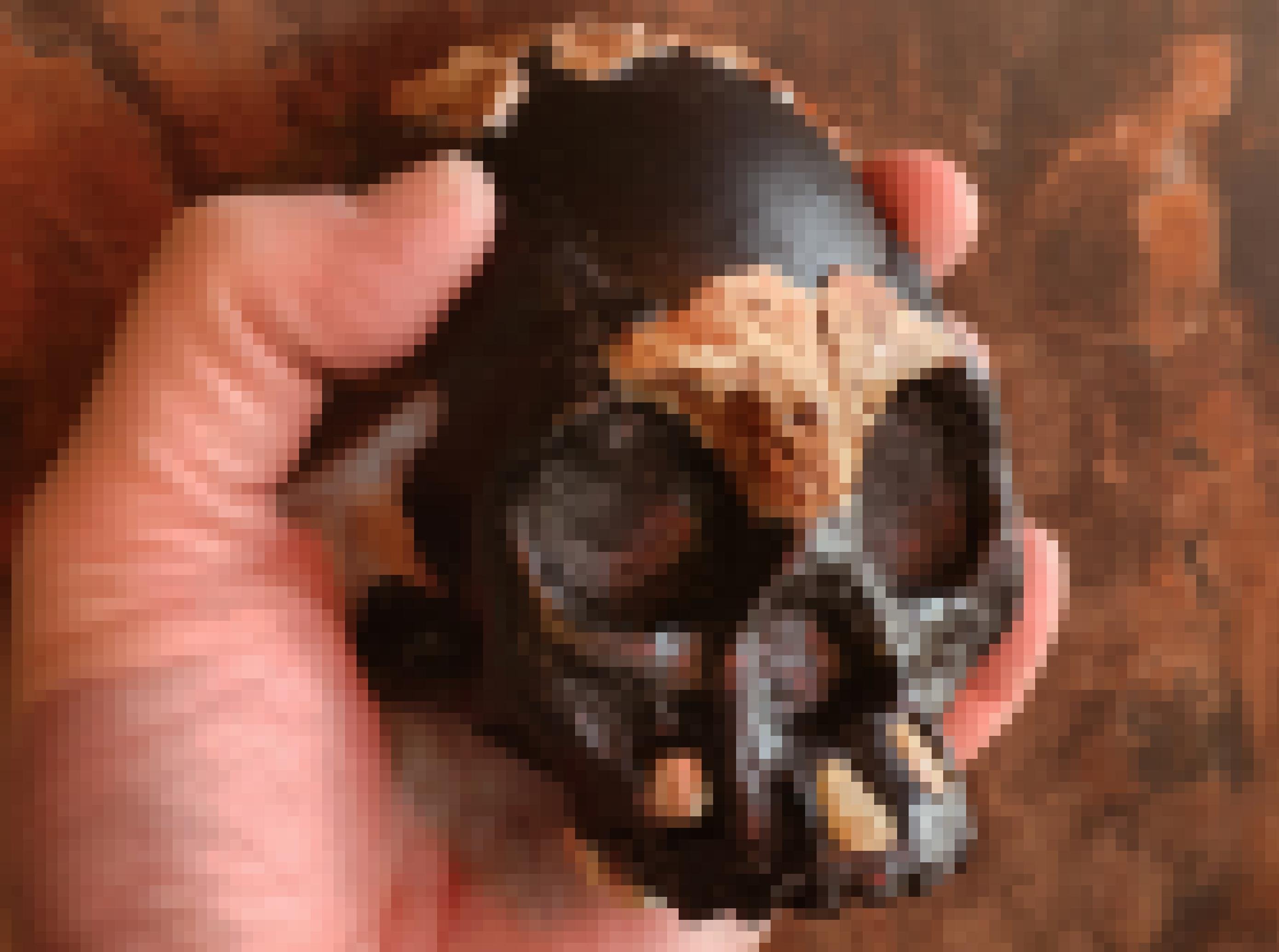 Zu sehen ist eine menschliche Hand, die einen rekonstruierten, kleinen Kinderschädel hält. Die Originalknochen im Stirnbereich, dem Schädel sowie die Zähne sind gelblich-hellbraun, der restliche, rekonstruierte Schädelteil besteht aus einer schwarzen Masse. Den Hintergrund bildet bräunliches Felsgestein.