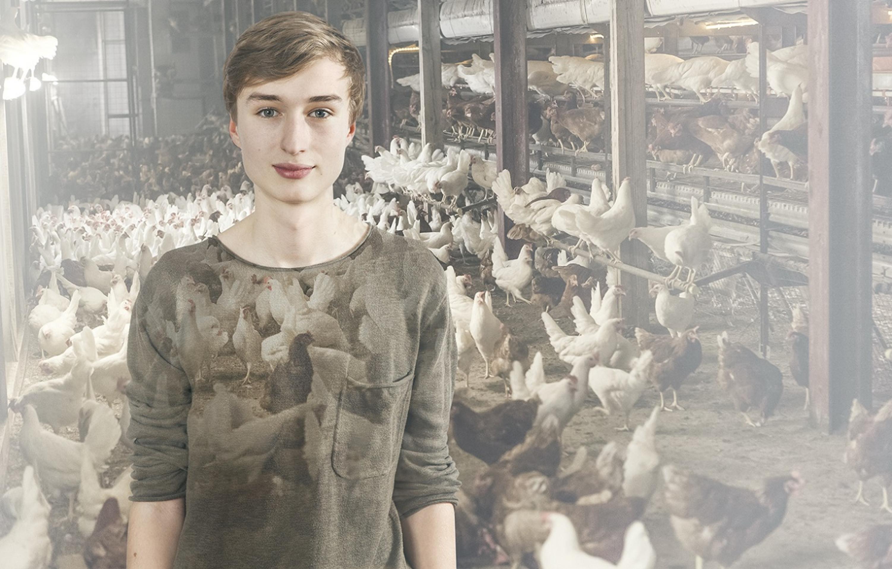 In dieser Fotomontage steht eine junge Frau vor einem Hühnerstall.