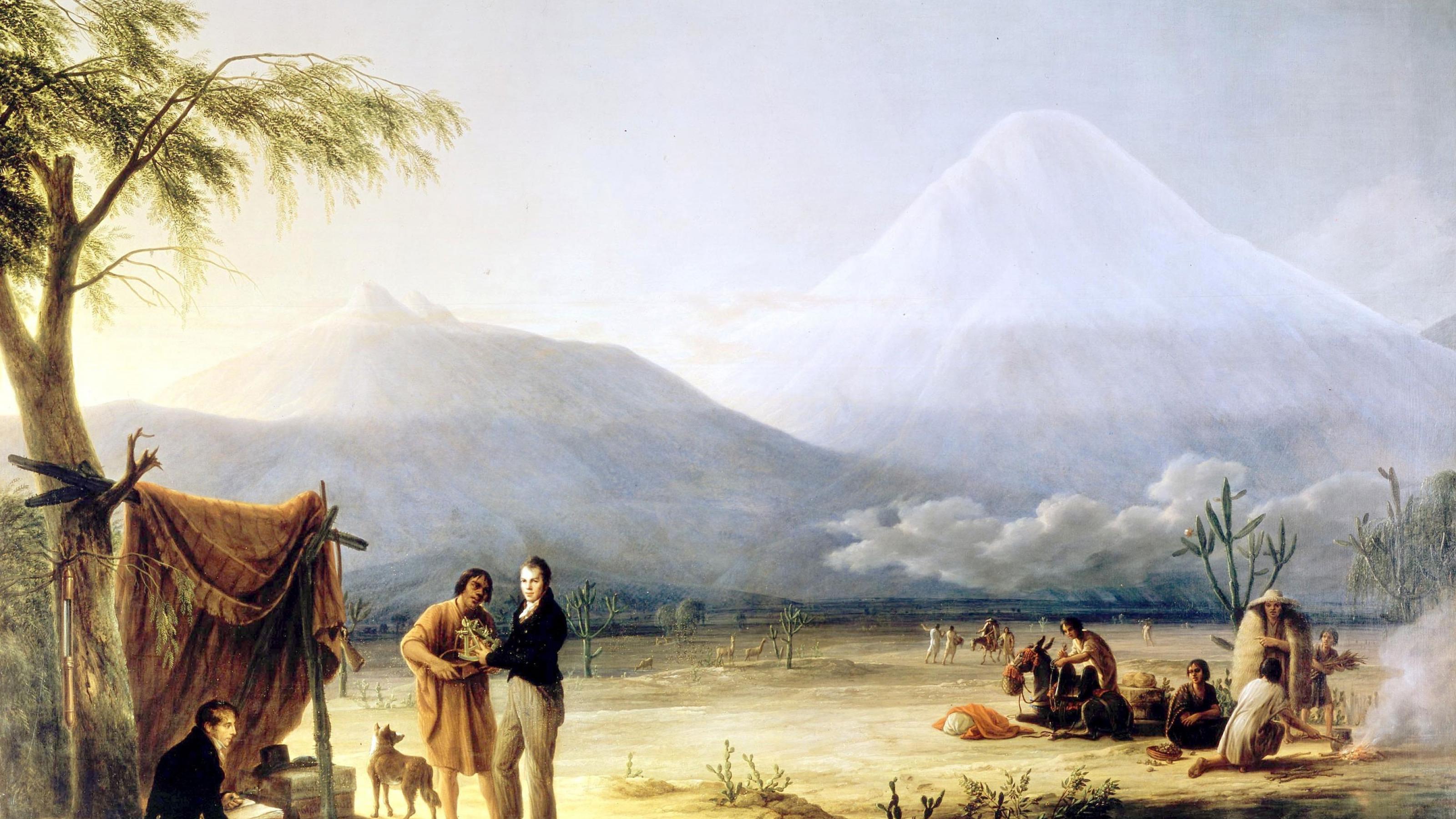 Ein Lager der zwei Wissenschaftler im Vordergrund mit indigenen Bediensteten im Hintergrund erhebt sich der über 6.000 Meter hohe Vulkan Chimborazo