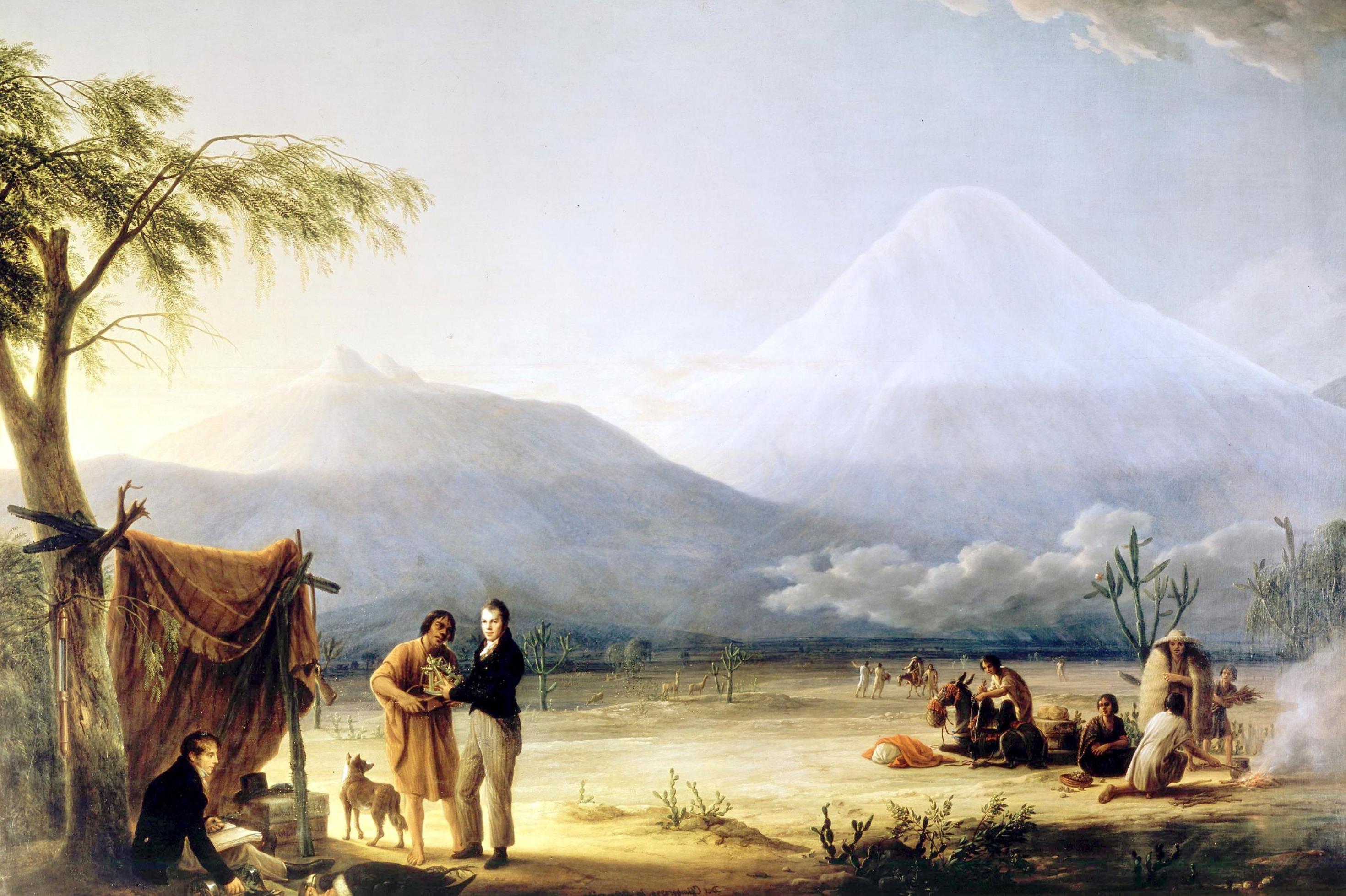 Ein Lager der zwei Wissenschaftler im Vordergrund mit indigenen Bediensteten im Hintergrund erhebt sich der über 6.000 Meter hohe Vulkan Chimborazo