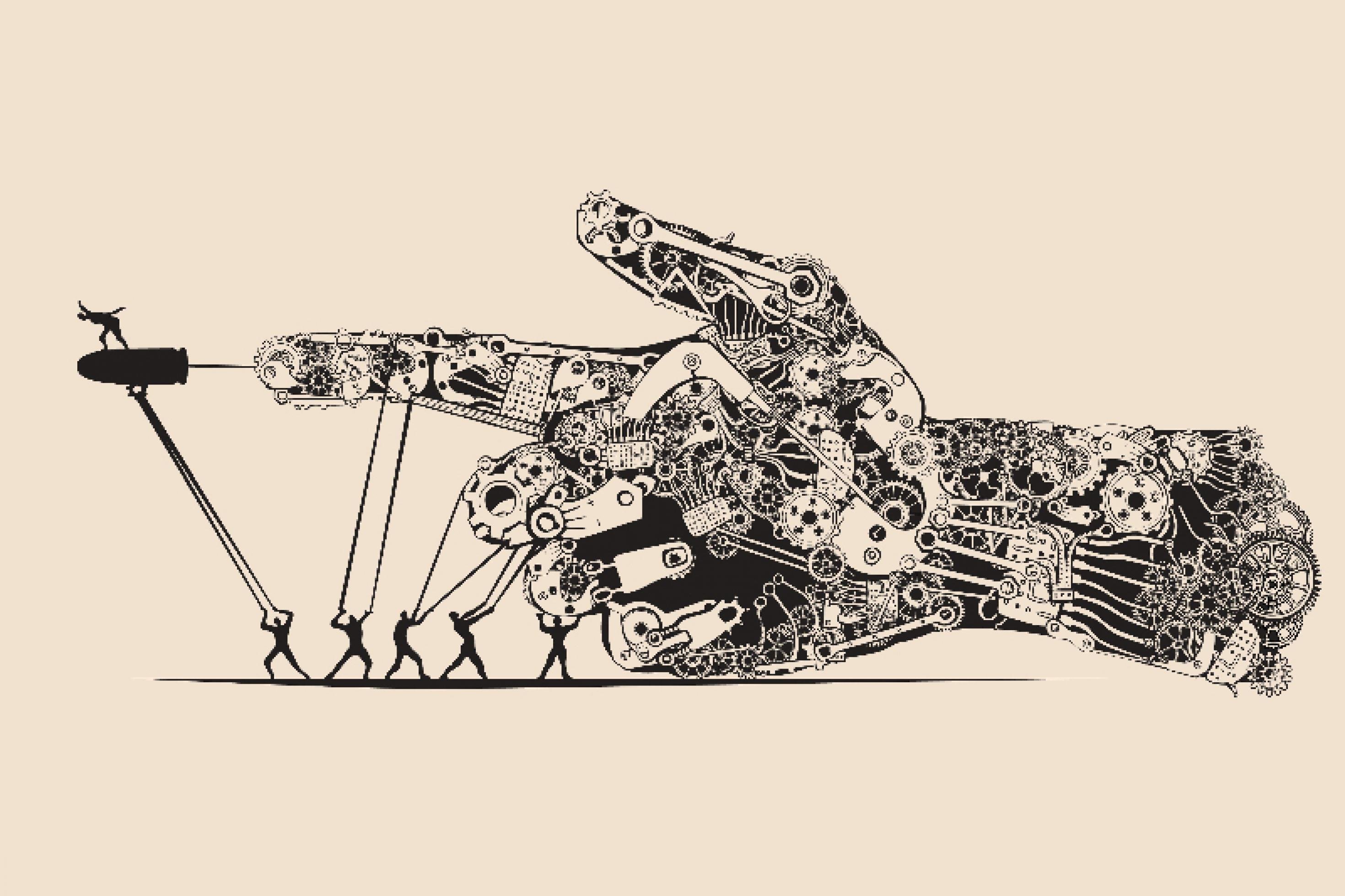 Eine Zeichnung einer maschinellen Hand mit vielen Rädchen und Mechanismen, stabilisiert von Menschen.