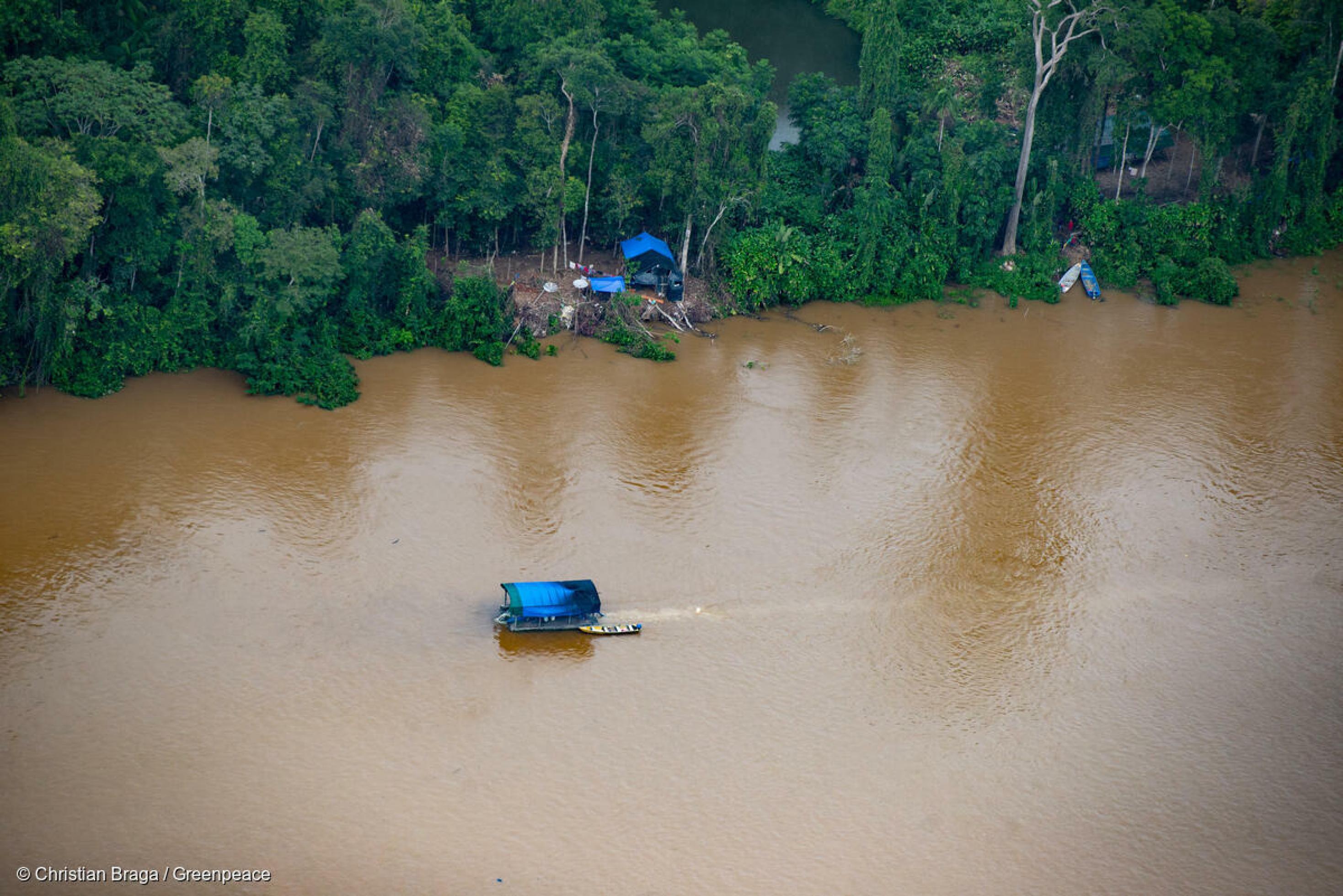 Eine Luftaufnahme zeigt ein Boot von illegalen Goldsuchern im Land der Yanomami im Bundesstaat Roraima.