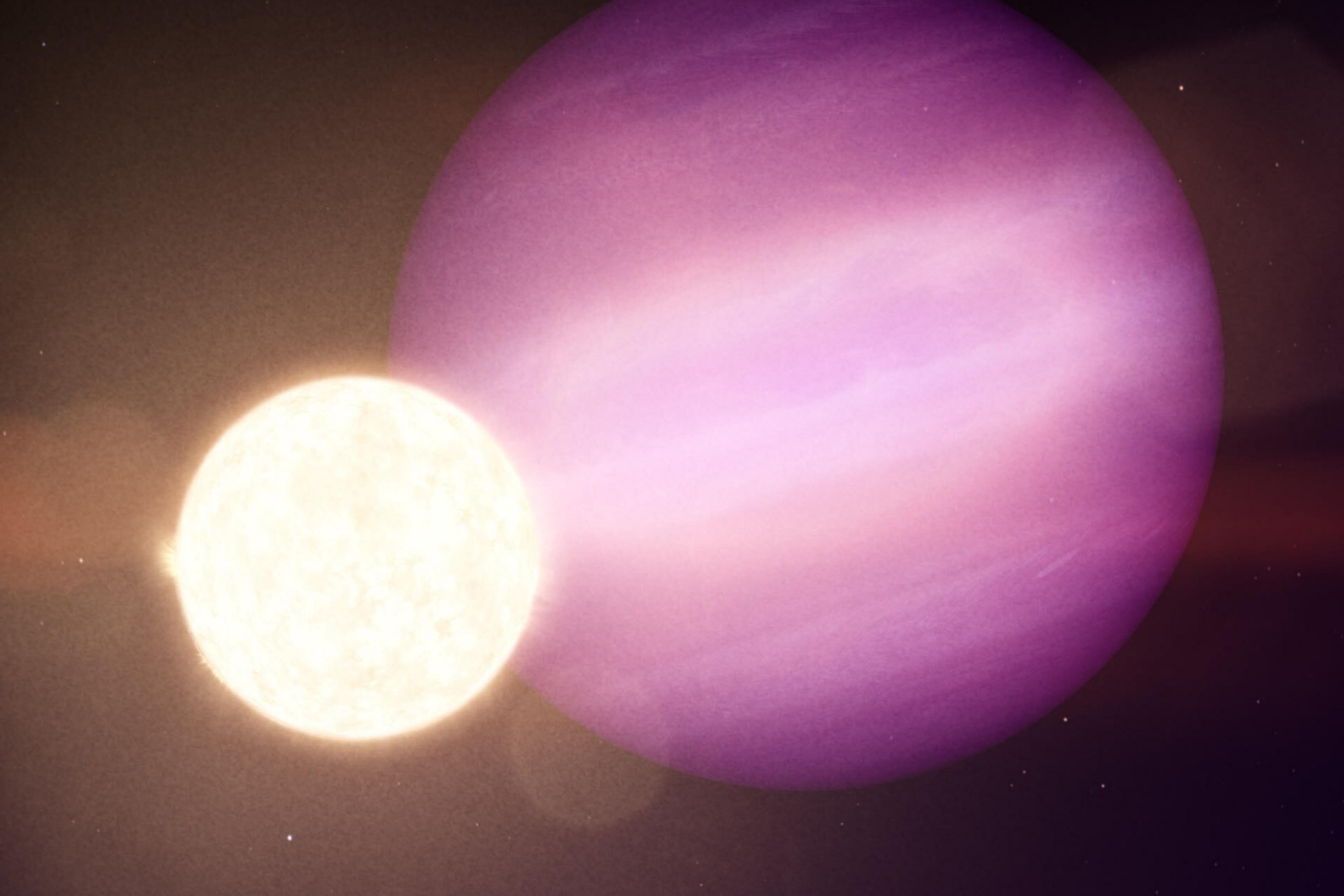 Die künstlerische Darstellung zeigt den Planeten WD1856b mit seinem „Stern“, der in Wirklichkeit ein Weißer Zwerg ist. Erdunähnlich ist der Planet nicht nur, weil es sich dabei um einen Gasriesen handelt, sondern weil er größer ist als der Stern, den er umkreist. Im Bild ist der Planet das große, rosa Etwas, der Weiße Zwerg leichtet klein und weiß.