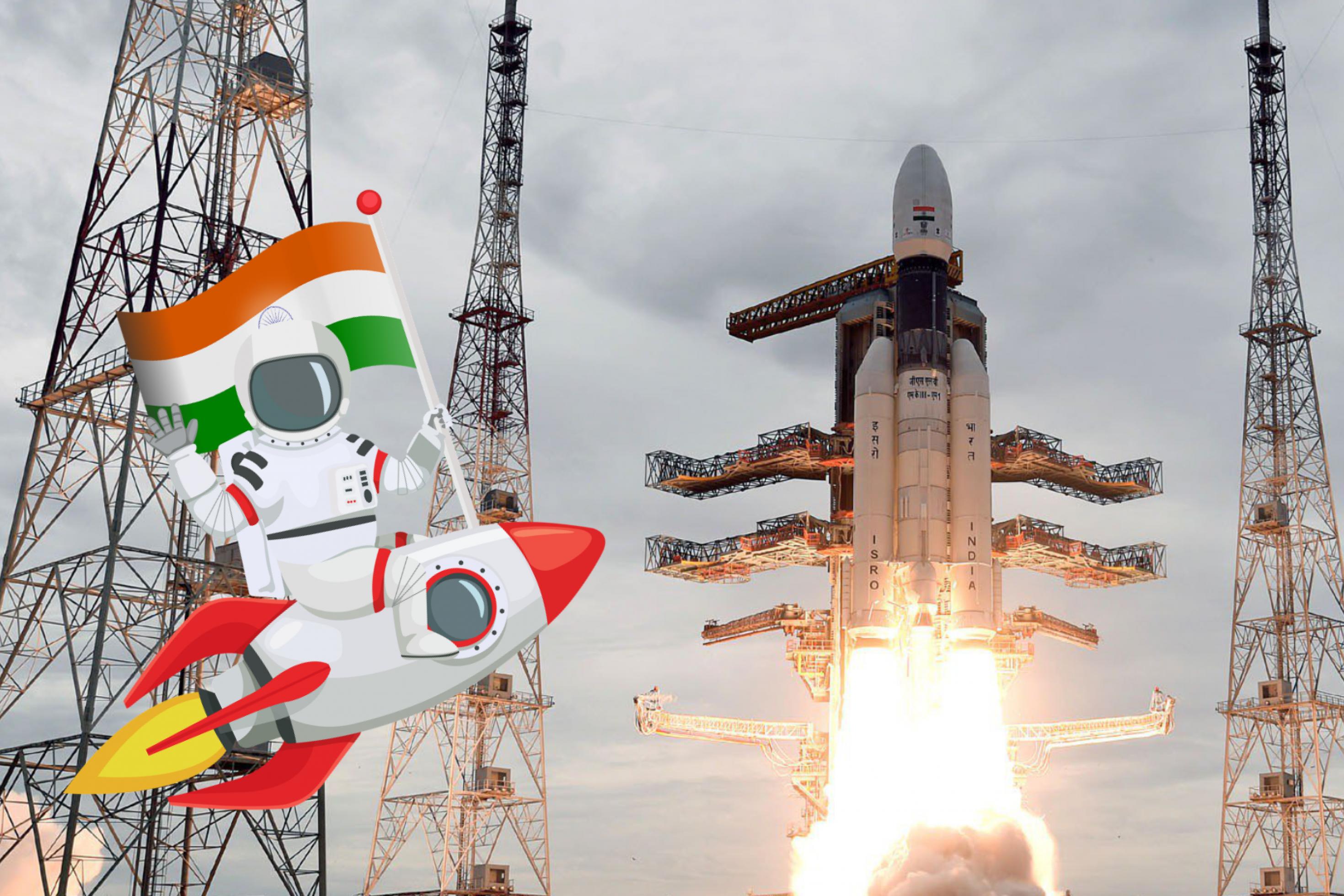 Eine Collage mit dem indischen Raketenstart zum Mond.