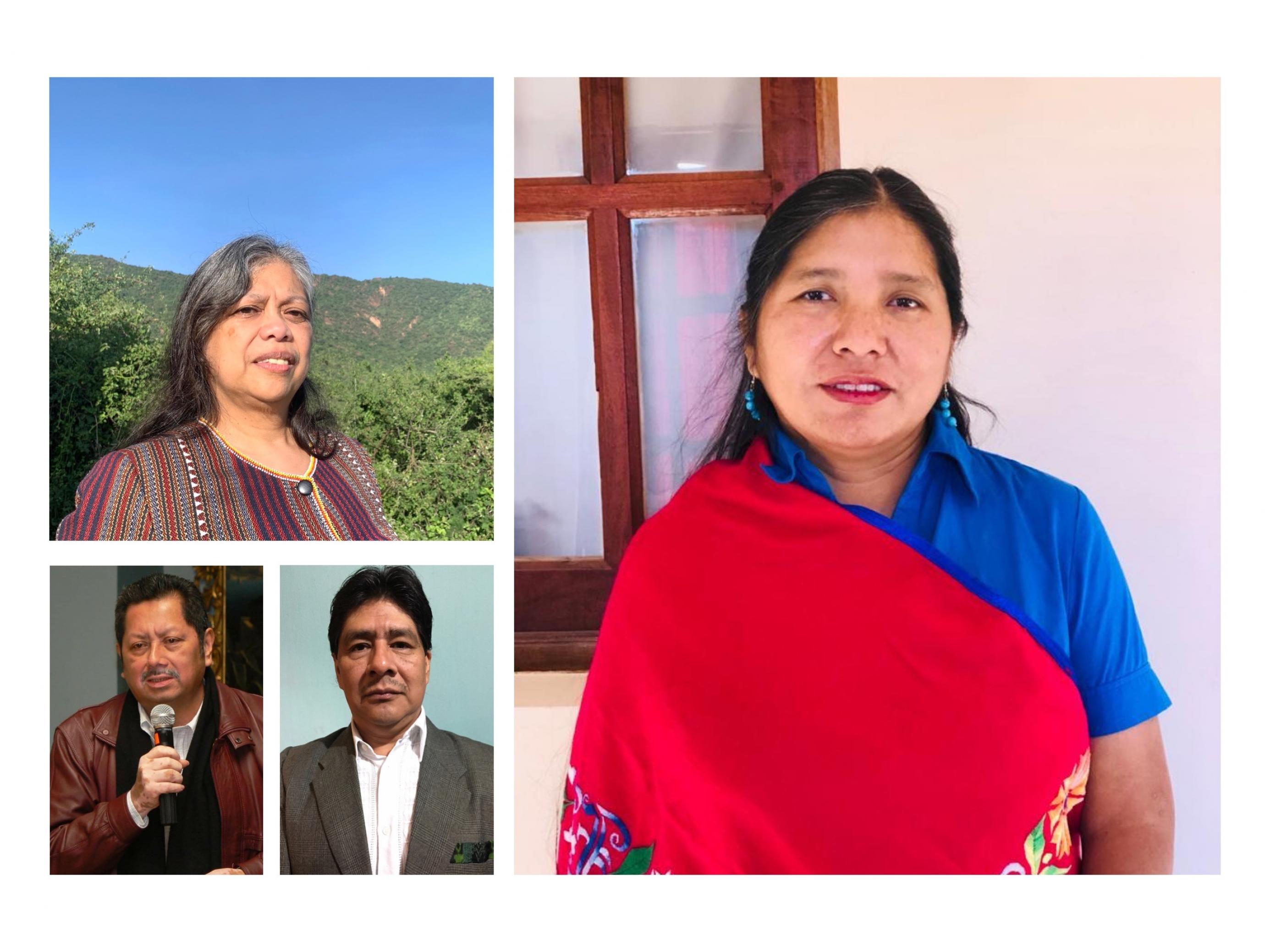 Vier indigene Interessensvertreter, Joji Cariño von den Philippinen, Viviana Figueroa aus Argentinien, Ramiro Batzin aus Guatemala und Donald Rojas aus Costa Rica.