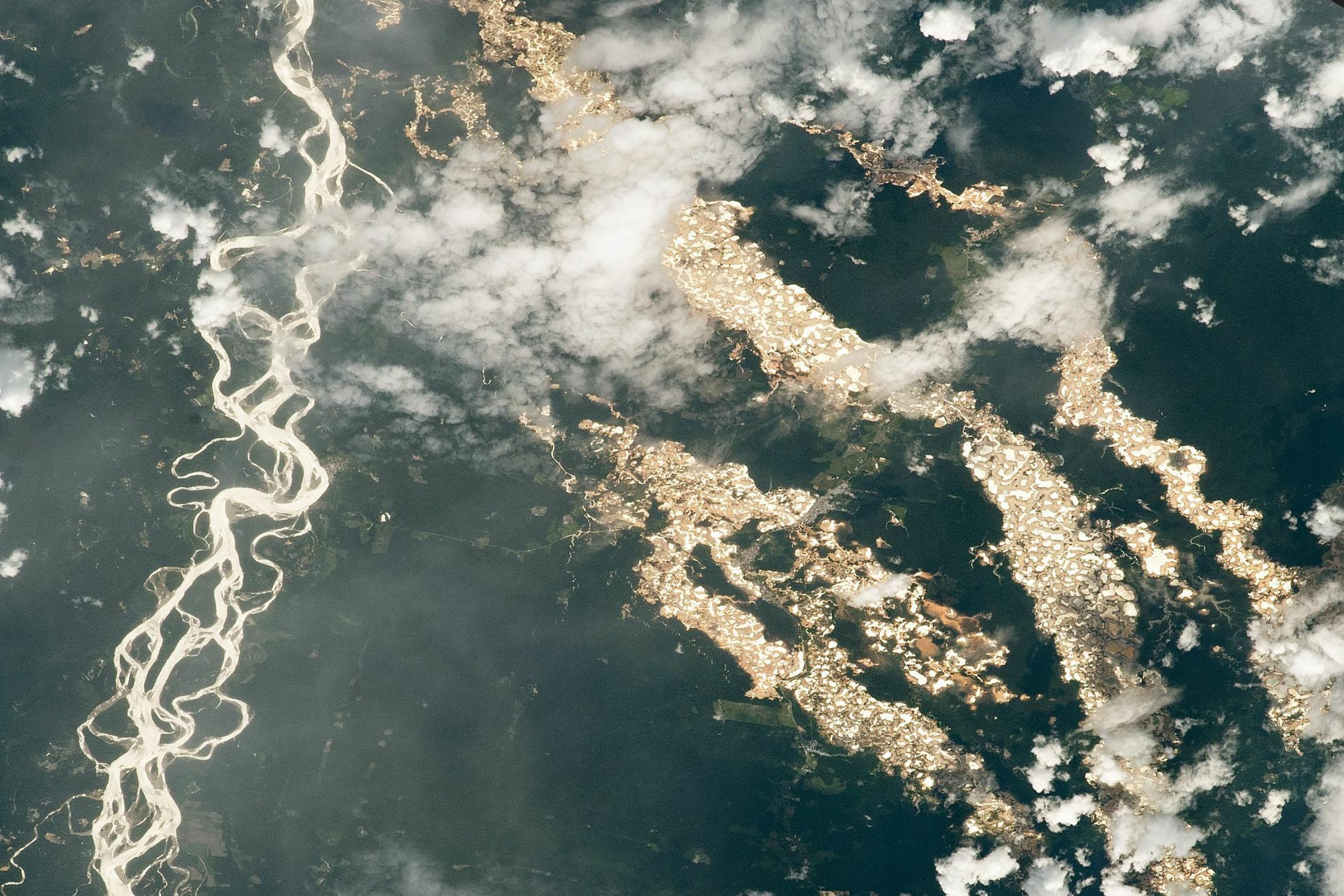 Das Foto der NASA aus dem All zeigt die „Goldflüsse“ im peruanischen Amazonas. Es sind in Wirklichkeit Gruben, die höchstwahrscheinlich von nicht lizenzierten Bergleuten gegraben wurden.