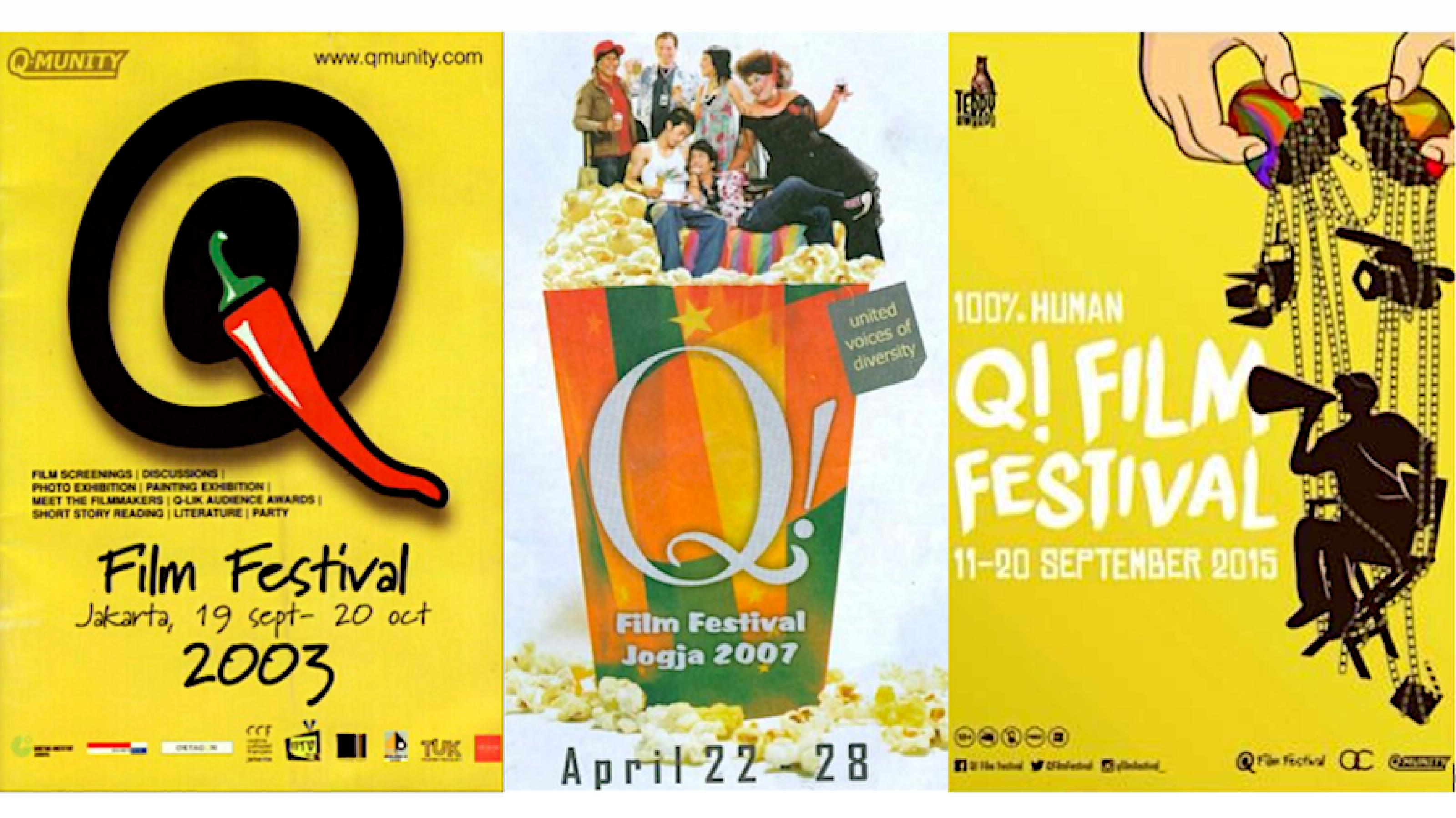 Collage der Poster des  Q! Film Festivals in Jakarta aus den Jahren 2003, 2007 und 2013