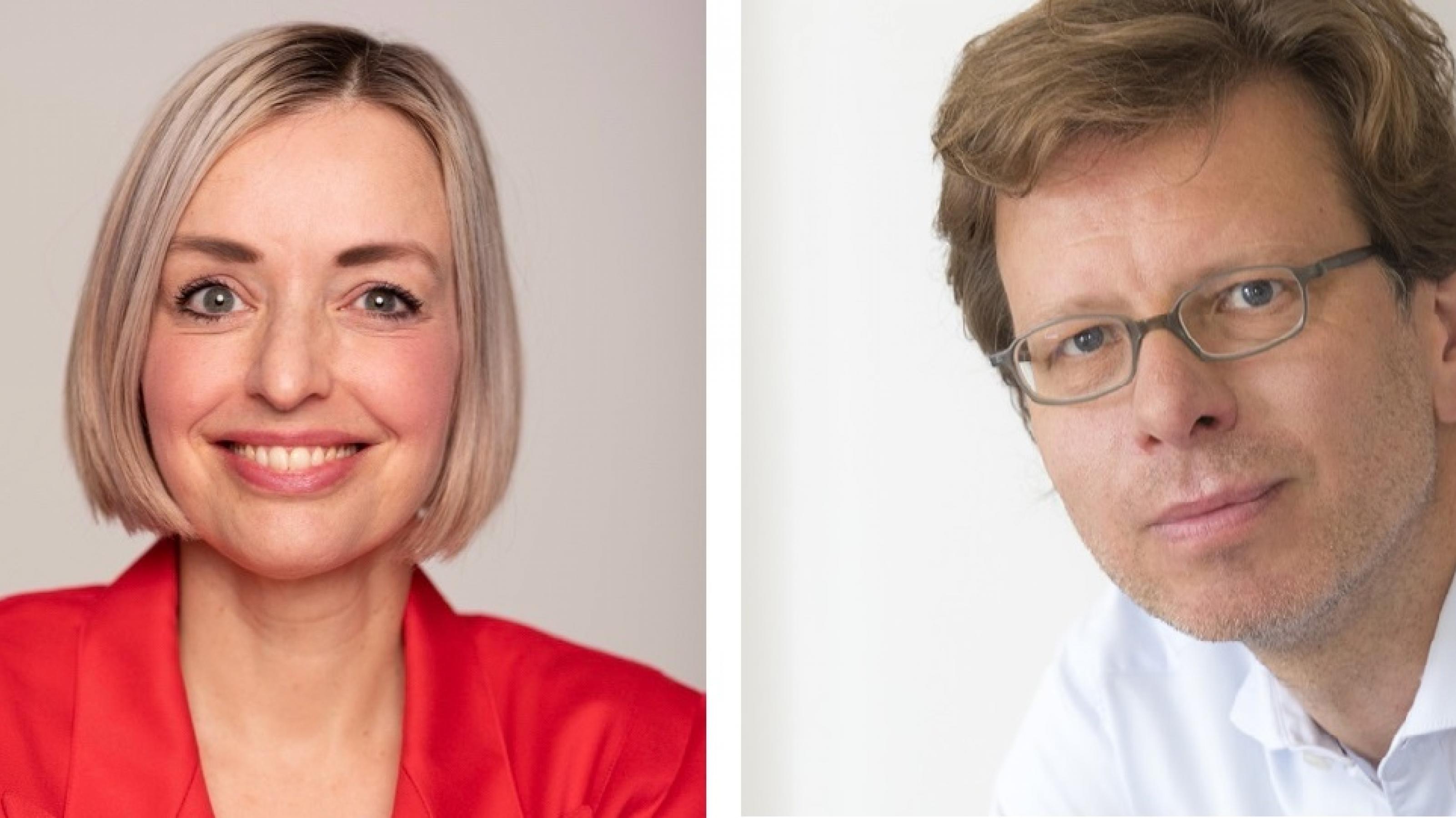 Links eine blonde mittelalte Frau, rechts ein dunkelblonder mittelalter Mann mit Brille.