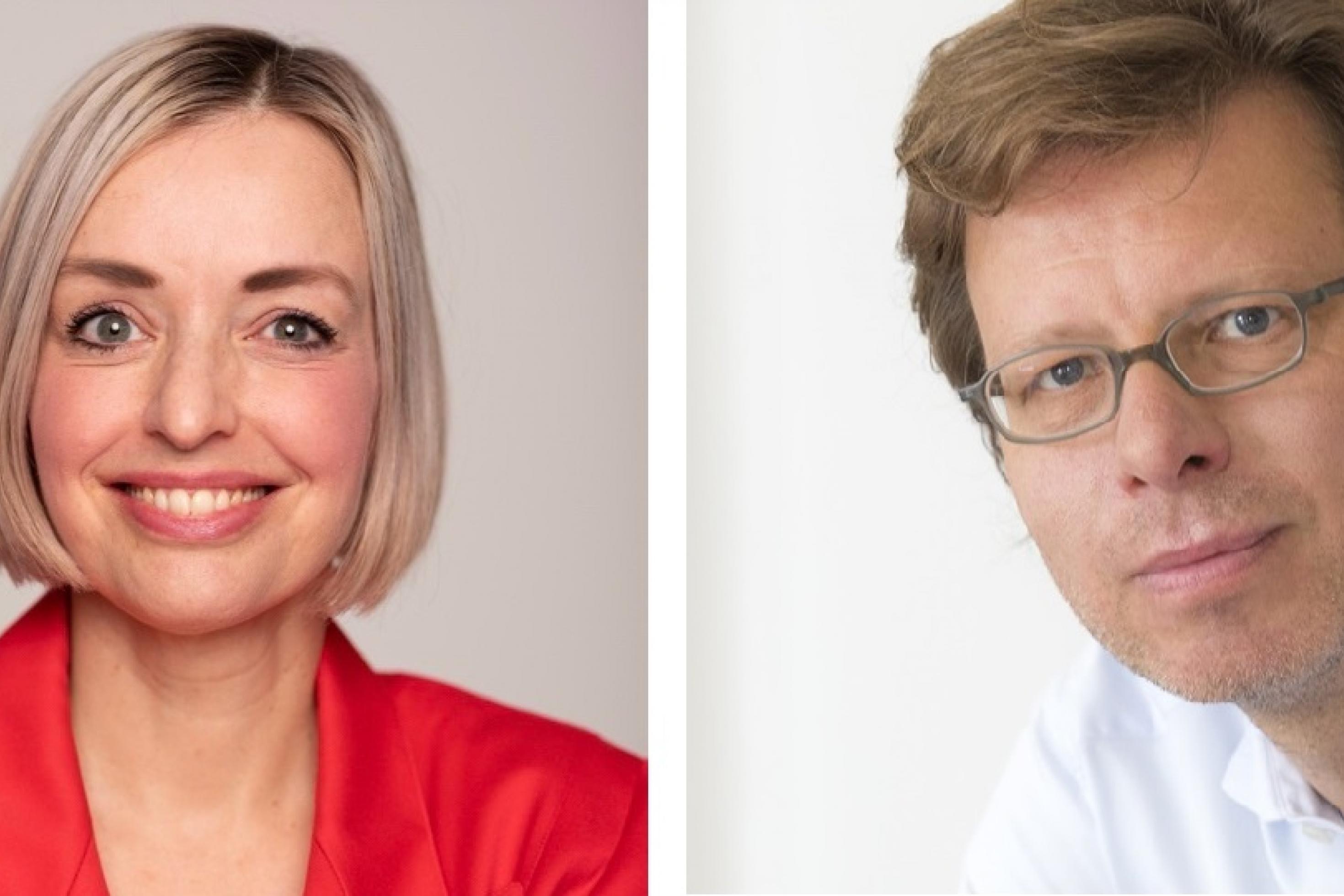 Links eine blonde mittelalte Frau, rechts ein dunkelblonder mittelalter Mann mit Brille.