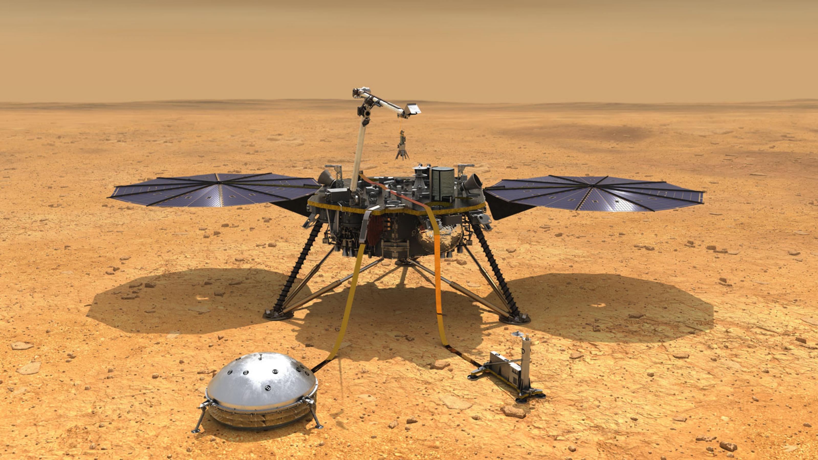 Grafik der Raumsonde InSight mit ausgesetztem Seismometer-Instrument SEIS (links unten) und HP3