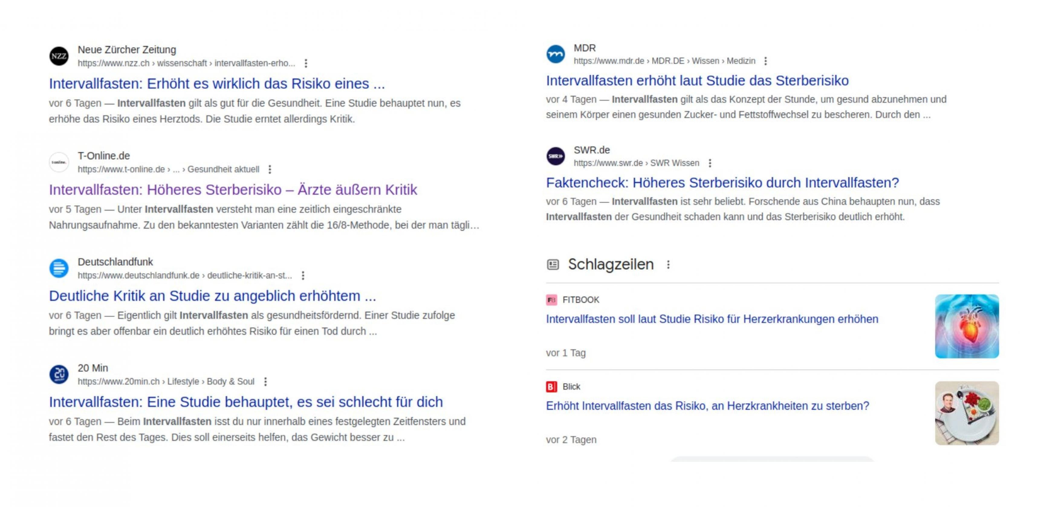 Screenshots von Medien-Schlagzeilen zum Thema Intervallfasten