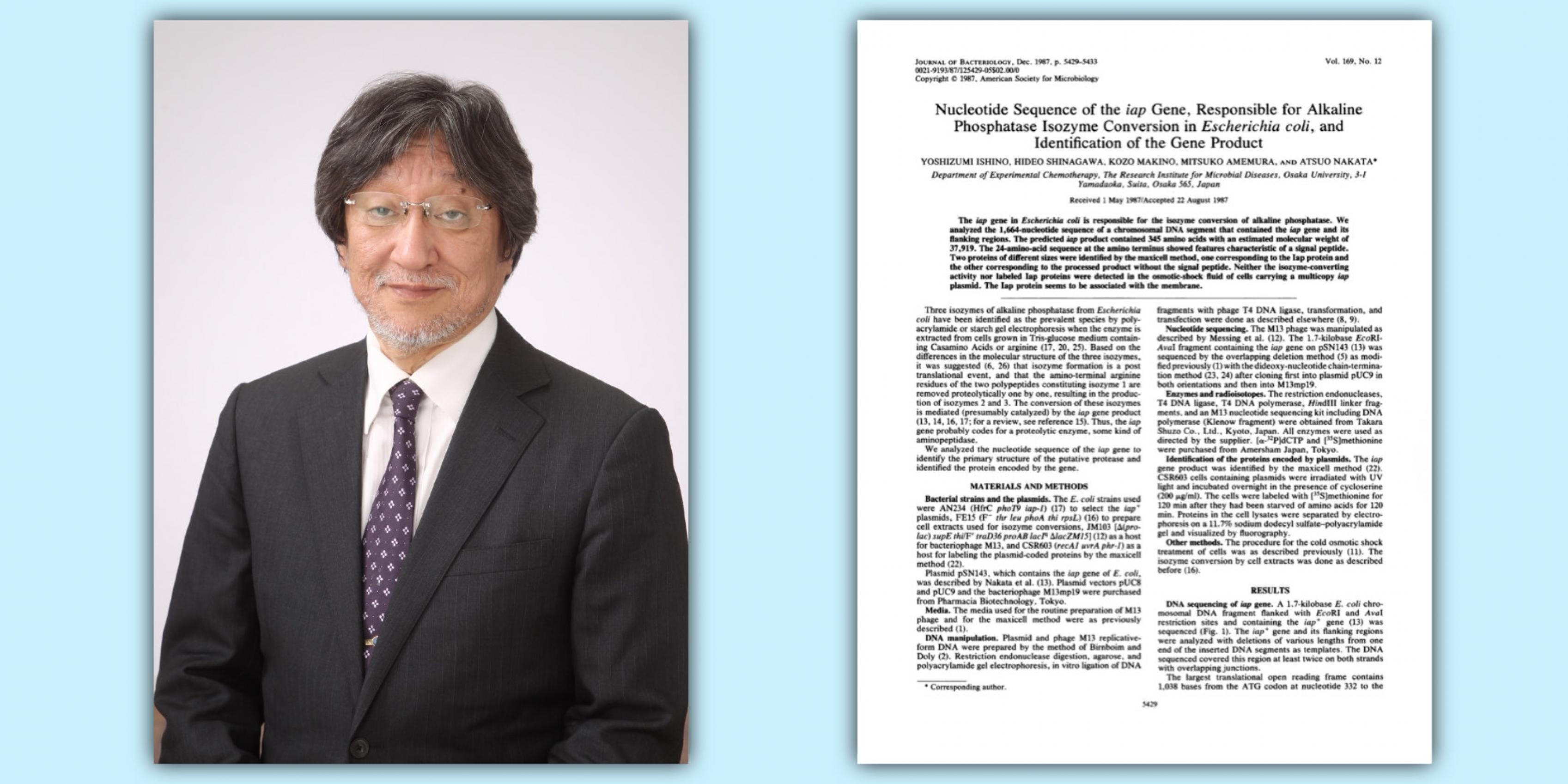 Yoshizumi Ishino (links), erste Seite des Fachartikels im Journal of Bacteriology (rechts), in dem er und seine Kollegen von der Universität Osaka erstmals die heute als CRISPR bekannte Struktur beschrieben.