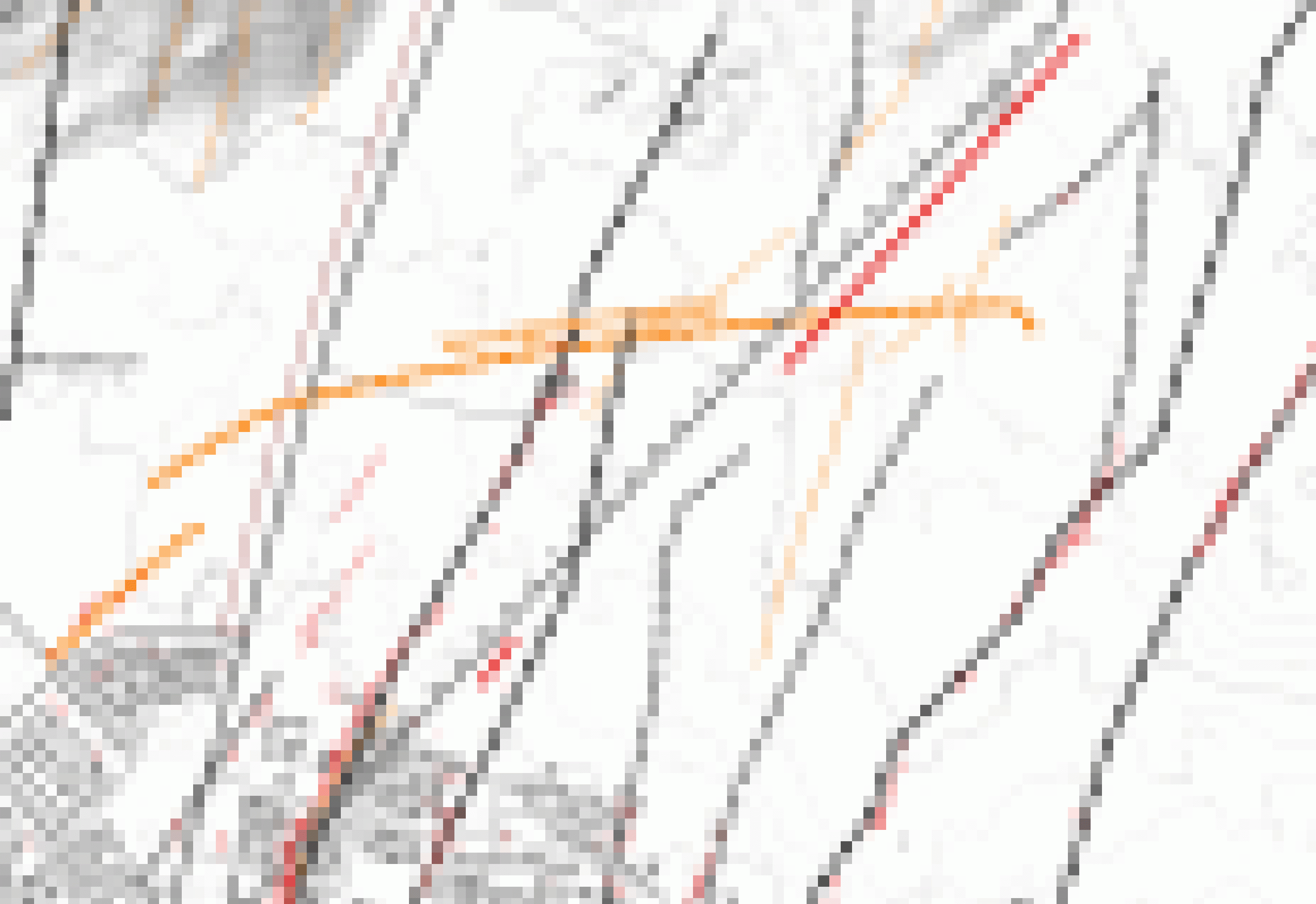 Eine Karte, im Südwesten einige Gebäude von Grindavík, die orange gestrichelte Linie des Schutzwalls verläuft von Südwest nach Nordost. Die rote Linie der Vulkanlinie schneidet den Wall, ist dann unterbrochen und erscheint dann als kurzer weiterer Strich nahe am Ortsrand.