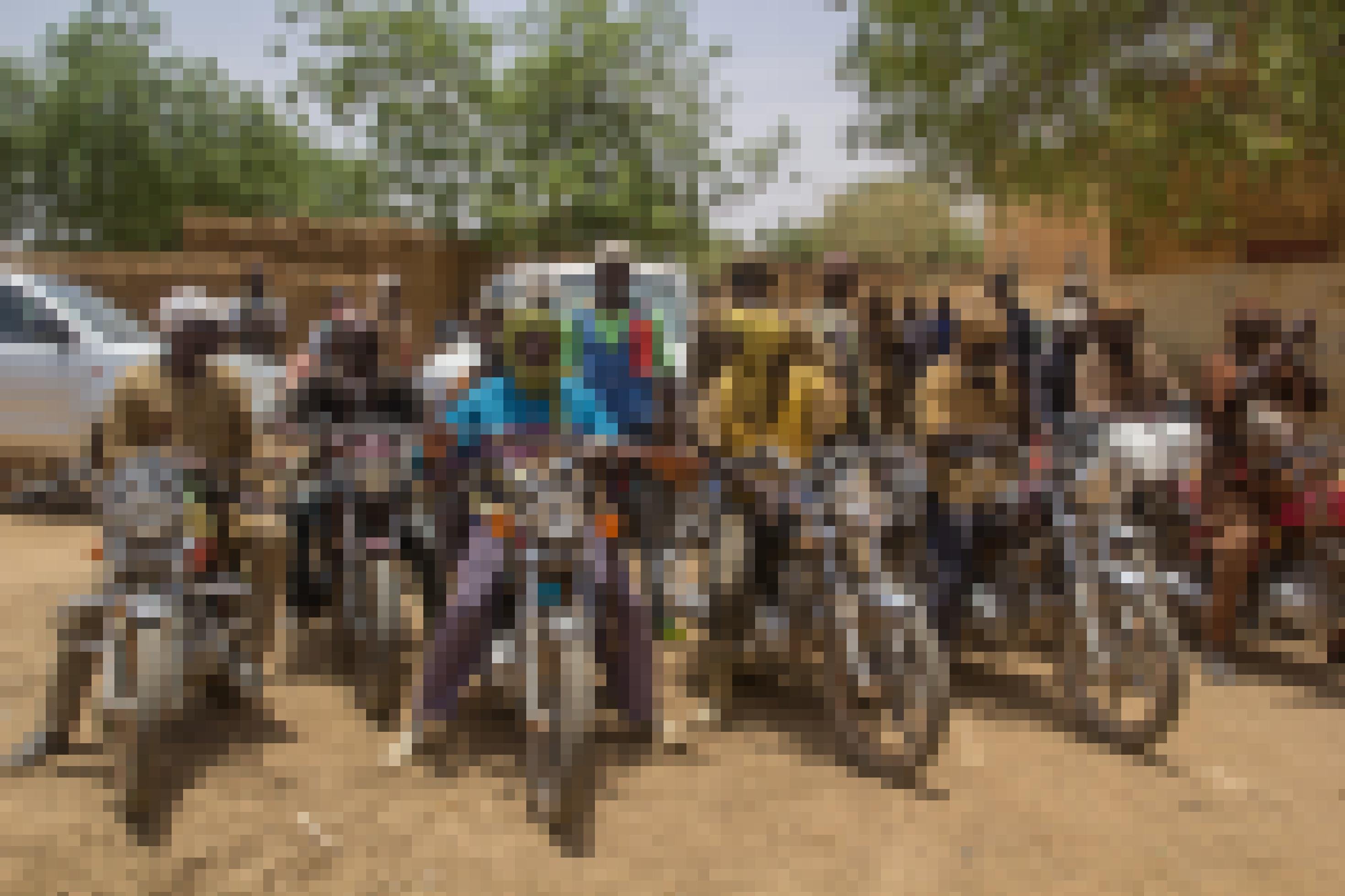 Eine Gruppe Männer sitzt auf ihren Motorrädern.