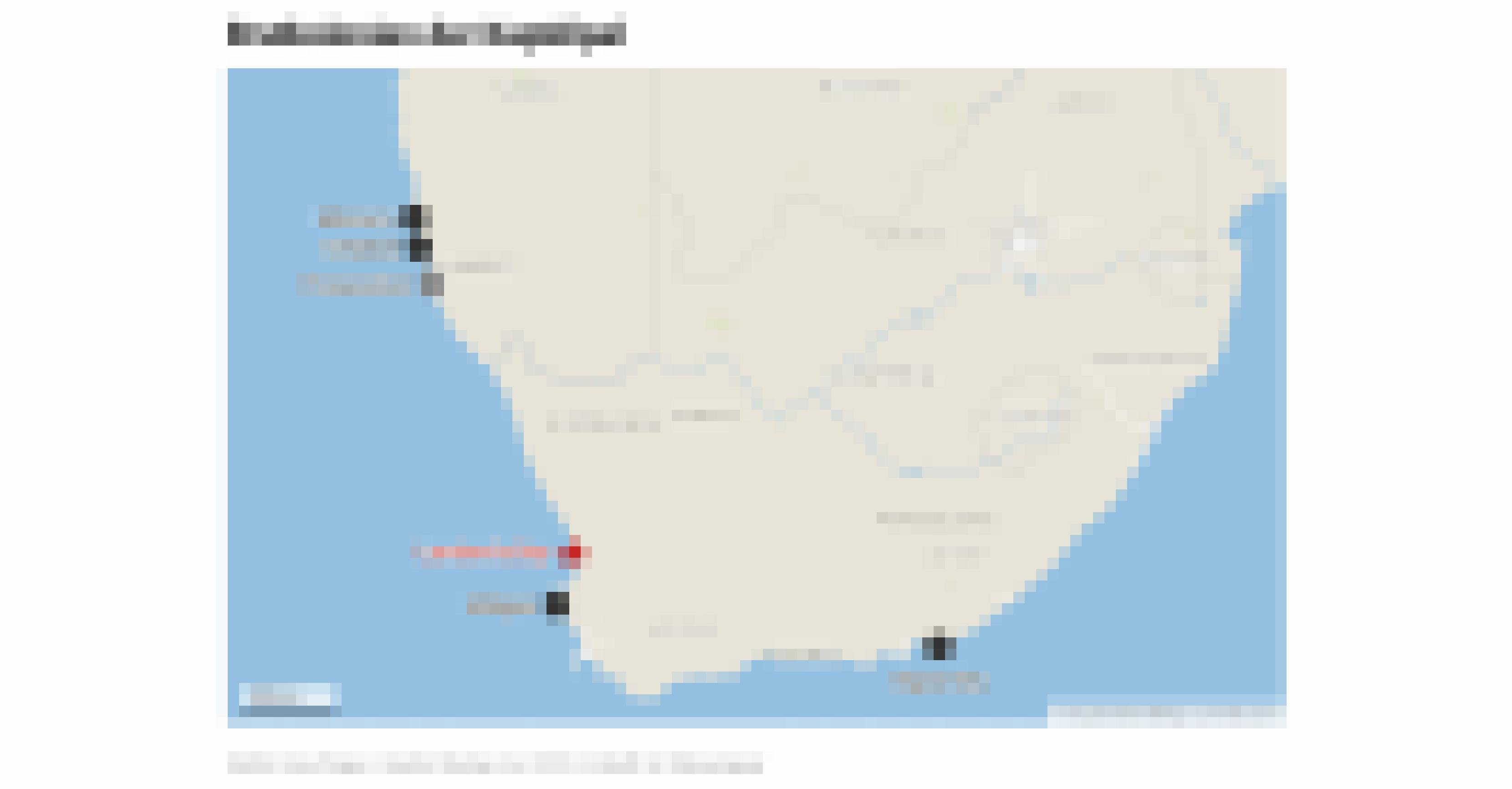 Eine Karte des südlichen Afrikas, an der Küste sind die Positionen der sechs Brutplätze der Kaptölpel markiert. Die Karte basiert auf Angaben aus der Veröffentlichung von Sherley et al. 2019 und wurde mit der Anwendung Datawrapper erstellt.