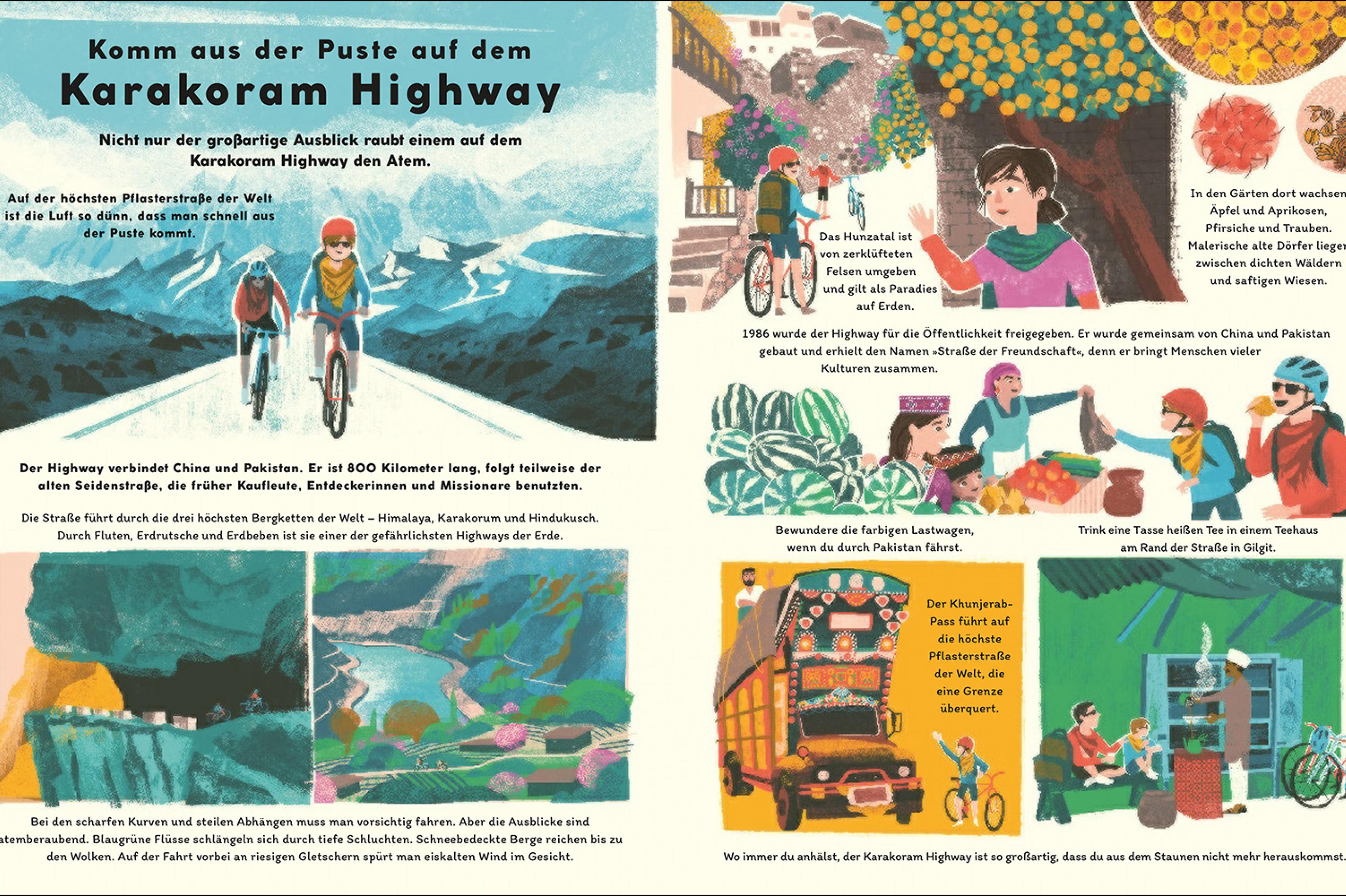 Eine Buchdoppelseite  zeigt Zeichnungen zu einer Fahrradtour von China nach Pakistan. Darüber steht: Komm aus der Puste auf dem Karakoram Highway.