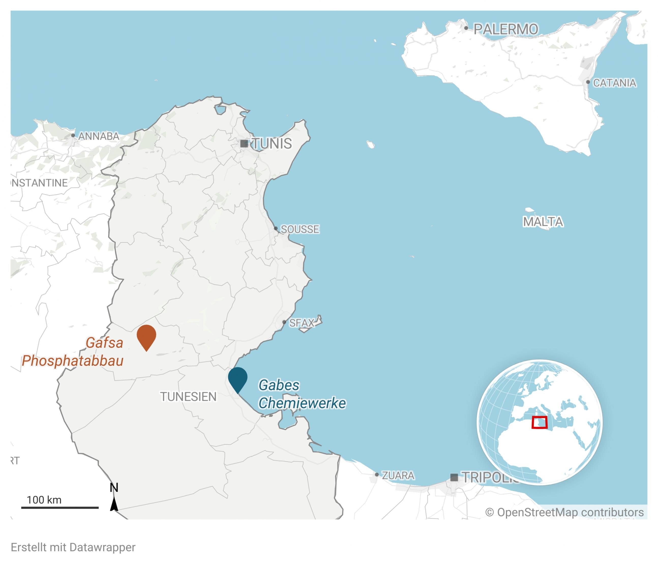 Ausschnitt aus einer Karte von Tunesien mit den Orten Gafsa und Gabes