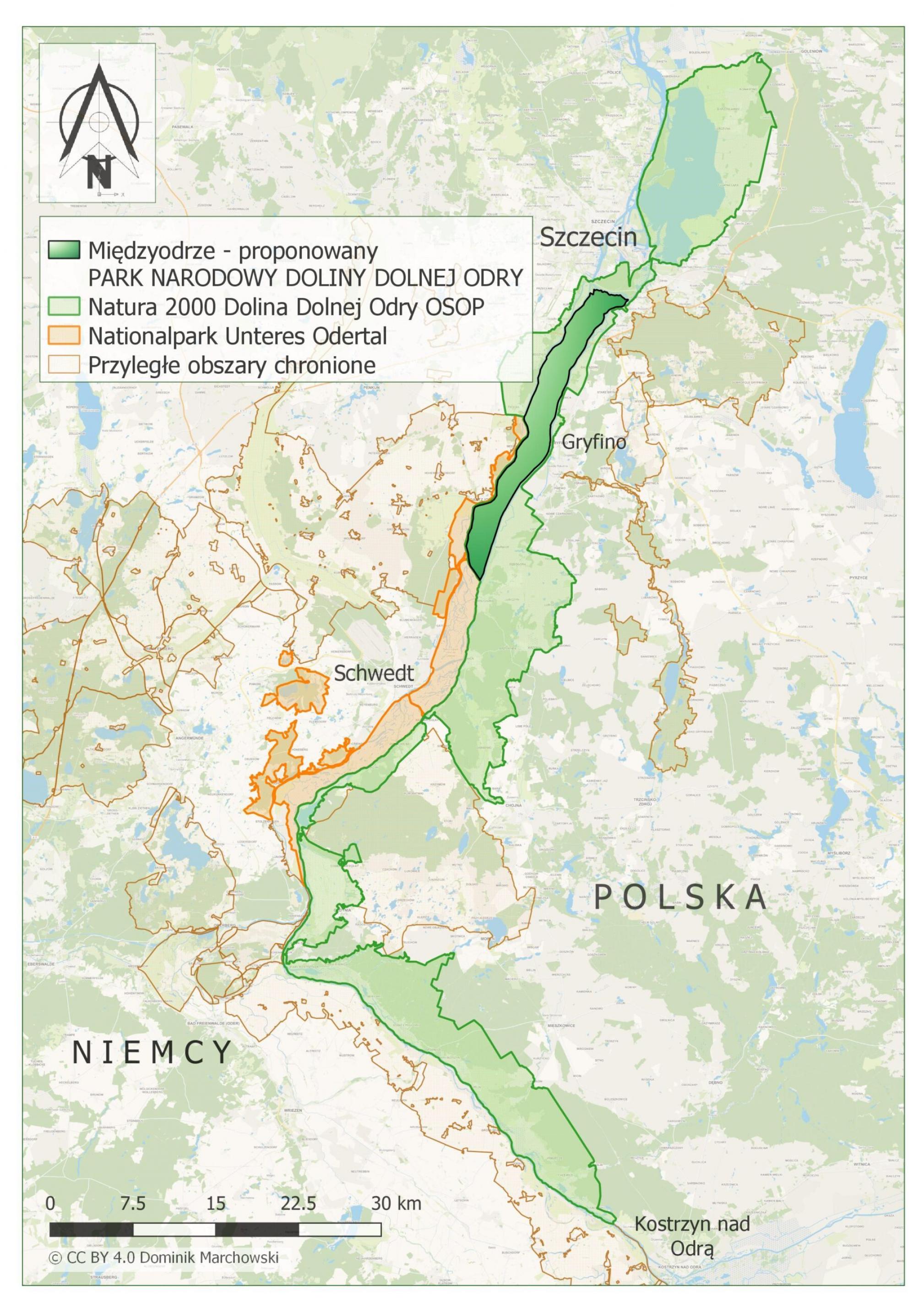 Karte mit eingezeichneten Bereichen, wo ein Nationalpark im Miedzyodrze entstehen soll.