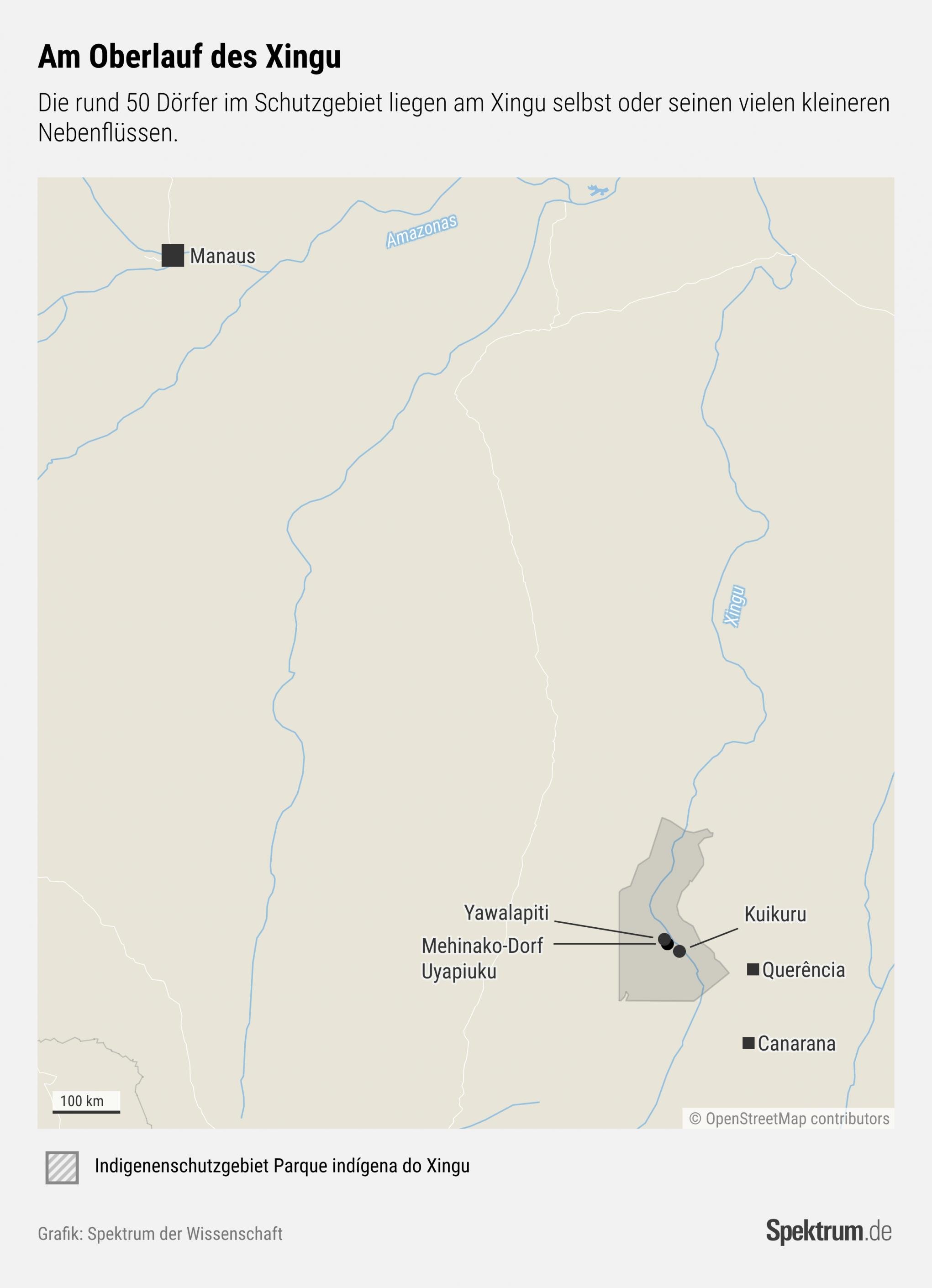 Auf einer Karte ist das indigene Schutzgebiet Oberer Xingu mit den angrenzenden Städtchen Canarana und Querência im Bundesstaat Mato Grosso eingezeichnet.
