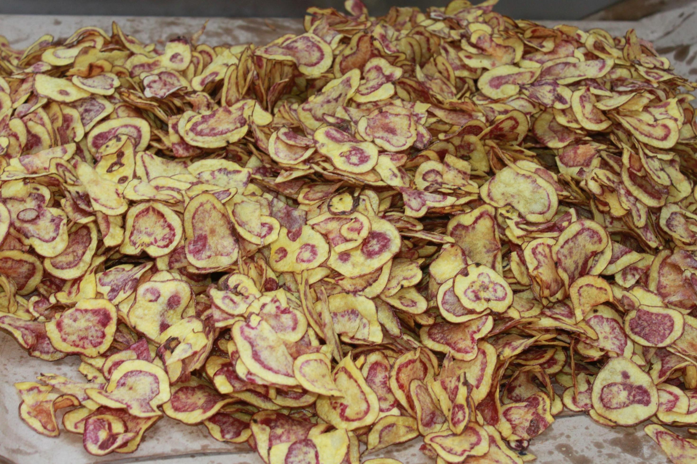 Das ganze Foto zeigt Kartoffelchips, die rot gemustert sind. Sie wurden aus einer alten peruanischen Sorte hergestellt.