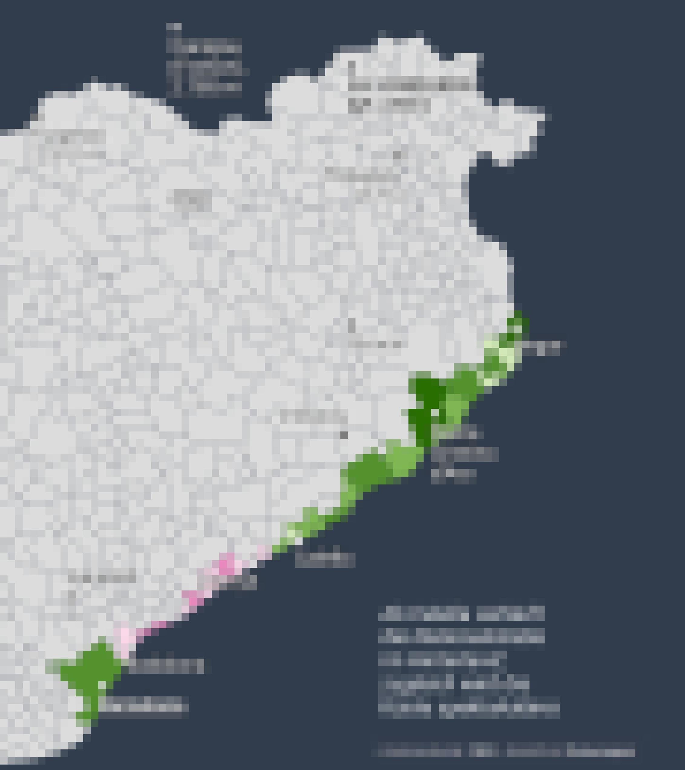Karte Ostkataloniens, auf der die ans Mittelmeer grenzenden Kommunen zwischen Barcelona und Begur verschiedenfarbig markiert sind, abgestuft von Dinkelgrün (maximale Fahrradfreundlichkeit) bis hinunter zu grellem Magenta (minimale Freundlichkeit).