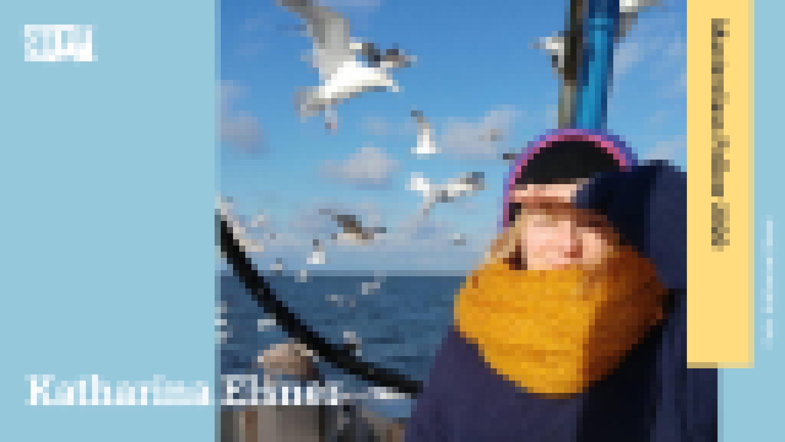 Eine junge Frau mit gelbem Schal und dunkler Mütze hält sich eine Hand über die Augen und schaut direkt in die Kamera. Im Hintergrund sind das Meer, blauer Himmel und viele Möwen zu sehen. Der Name Katharina Elsner ist neben ihr zu sehen. An der rechten Seite befindet sich ein Banner mit der Aufschrift „Masterclass Fellow 2020“.