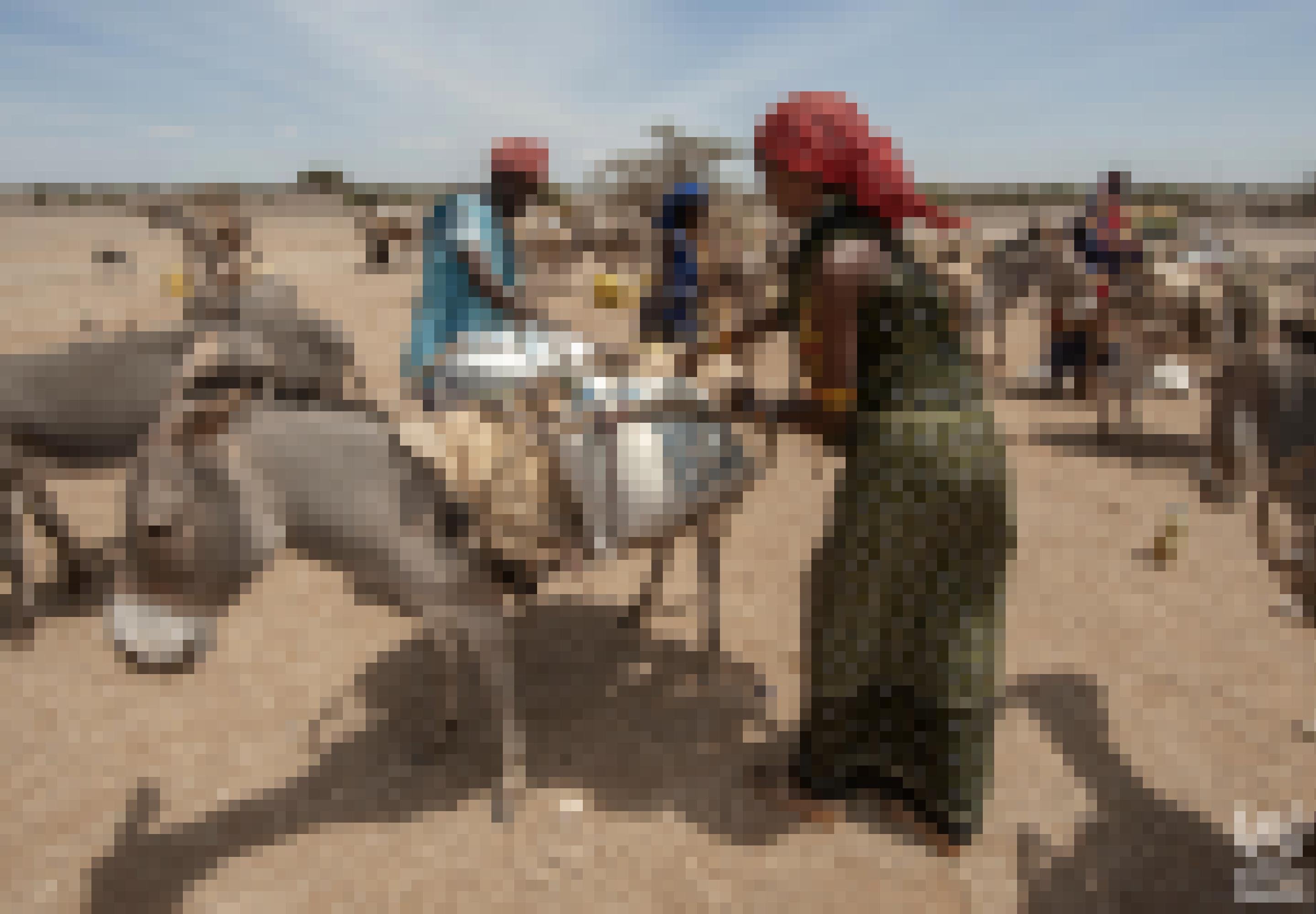 Männer und Frauen beladen ihre Esel mit Säcken. Das Logo des WFP ist zu erkennen.