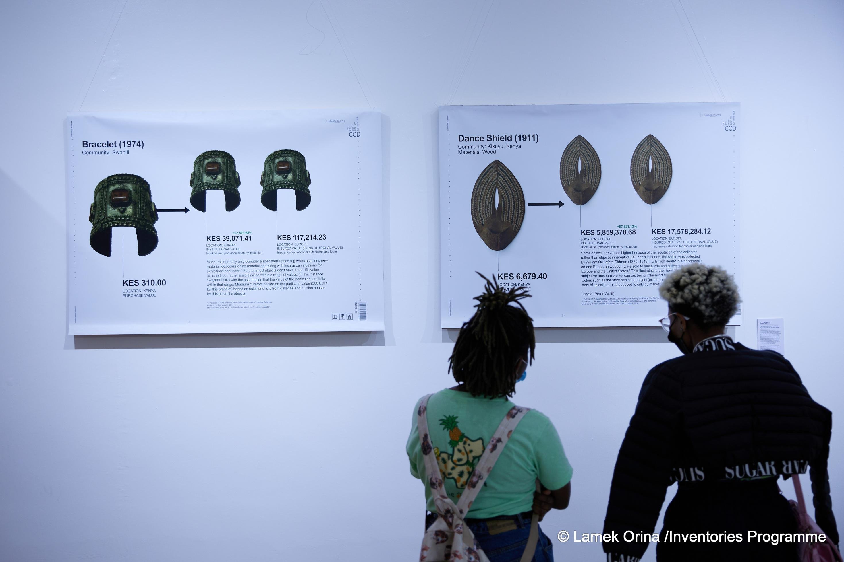 Zwei Frauen sind hinten zu sehen, sie betrachten in einer Ausstellung die großflächigen Abbildungen von offensichtlich afrikanischen Objekten.